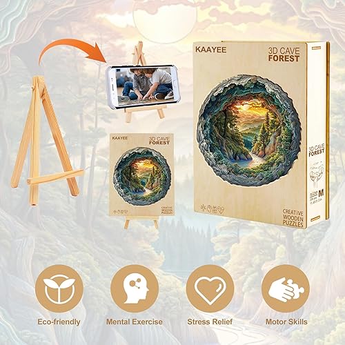 Miniatura 6 de KAAYEE Rompecabezas de madera para adultos, rompecabezas de madera con efecto de visión 3D, diseño de bosque cueva con forma única, rompecabezas