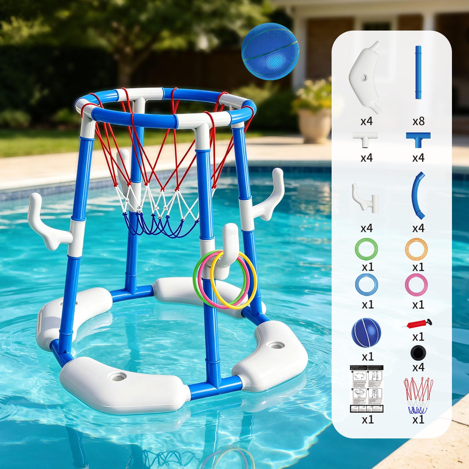 Schwimmendes Wasserspiel-Set, Pool Basketballkorb mit Hoop Toss, Ball und Pumpe für Familie Outdoor Gruppe Pool Aktivität Schwimmendes Wasserspiel Wurf Familie Basketball Hinterhof Aktivität Outdoor