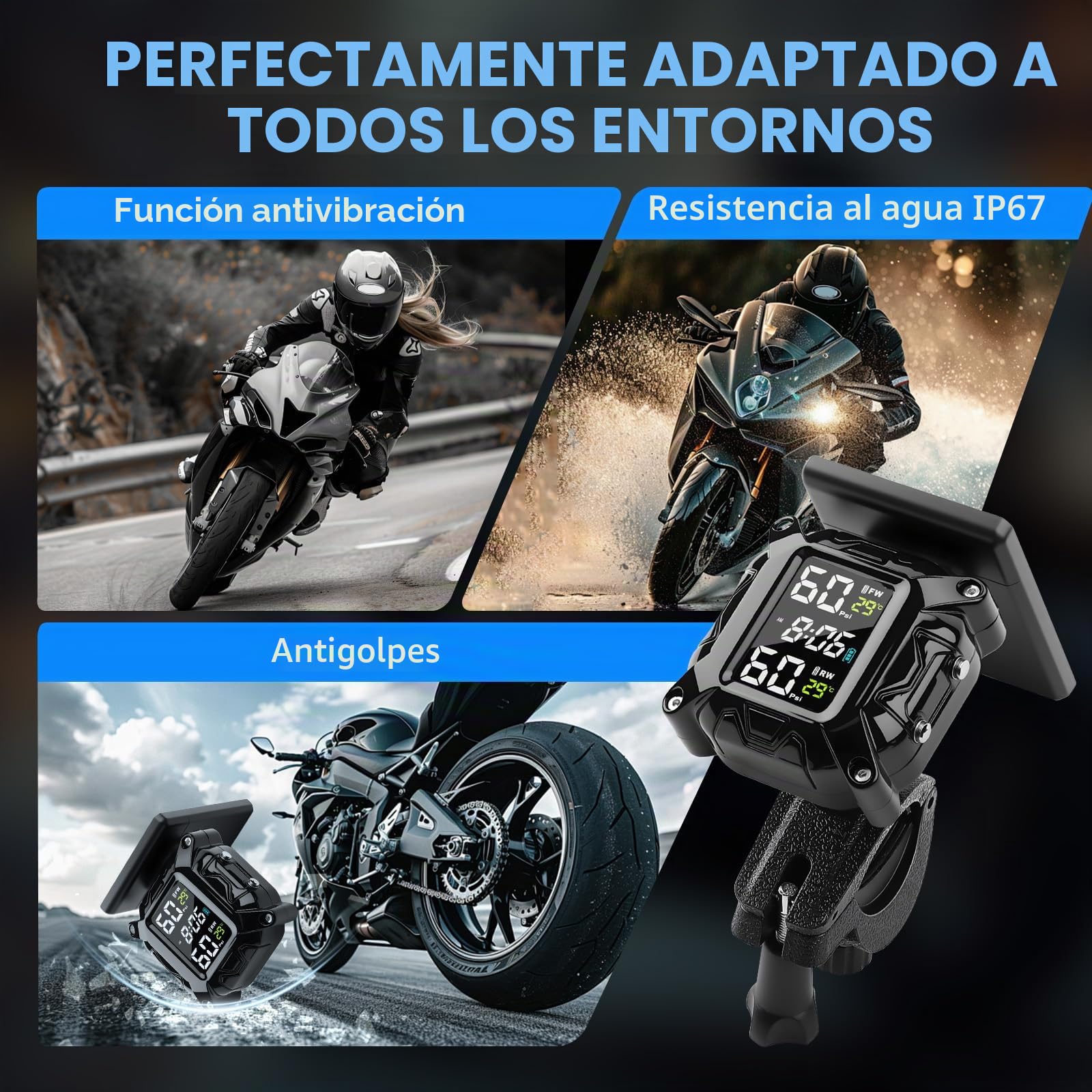 Sistema de monitoreo de presión de neumáticos TPMS para motocicleta, sensor de presión de neumáticos inalámbrico, 5 modos de alarma, carga magnética USB/solar, diseño impermeable IP67, con 2