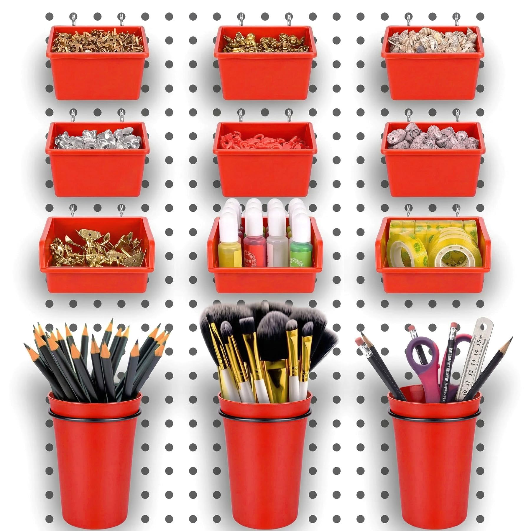 Pegboard Bins Cups with Hooks &amp; Loops 12 Pack Peg Board Organizer (Red)