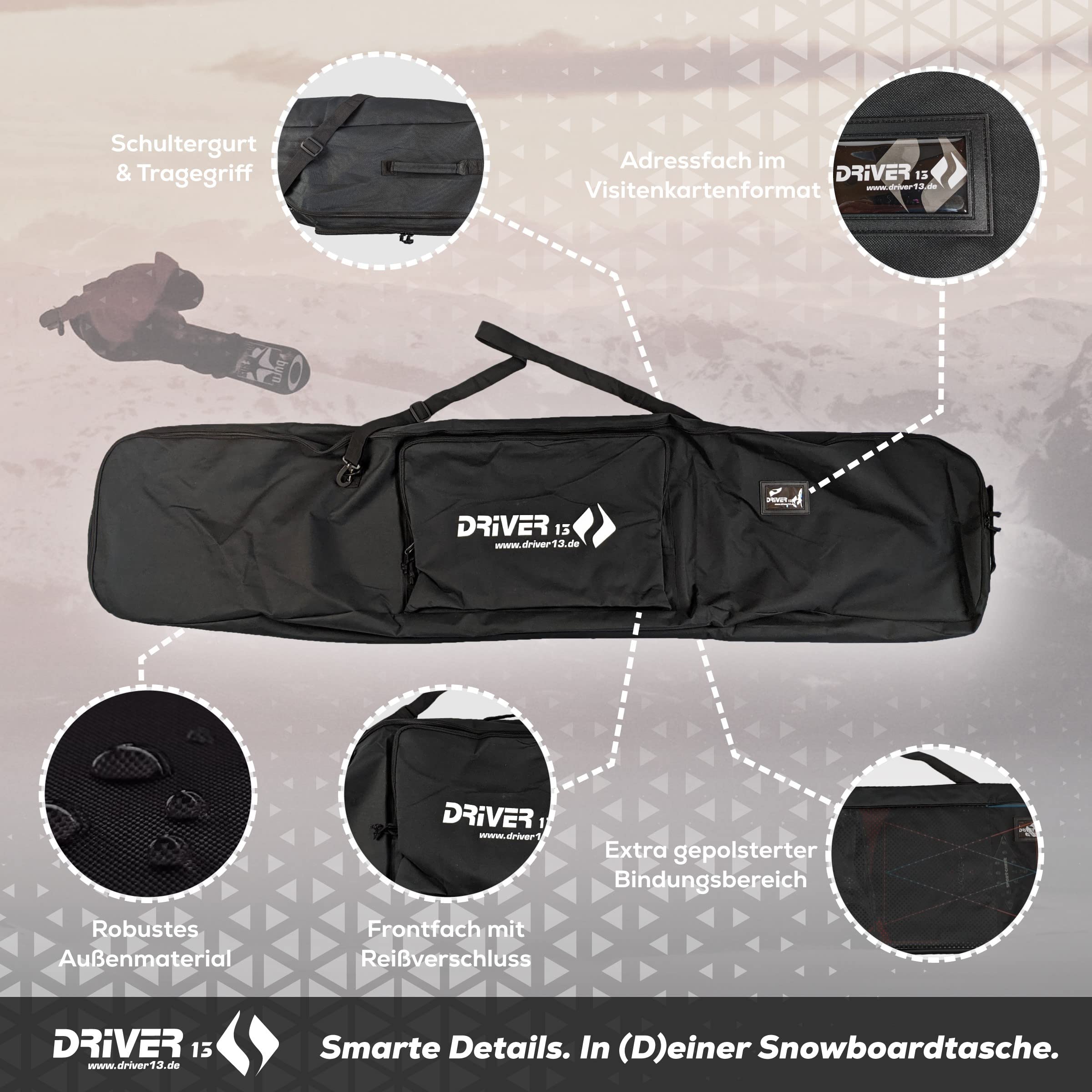 Driver13 Snowboardtasche Snowboardbag 178 cm, Boardbag für Transport und Aufbewahrung, Reißverschluss, schwarz