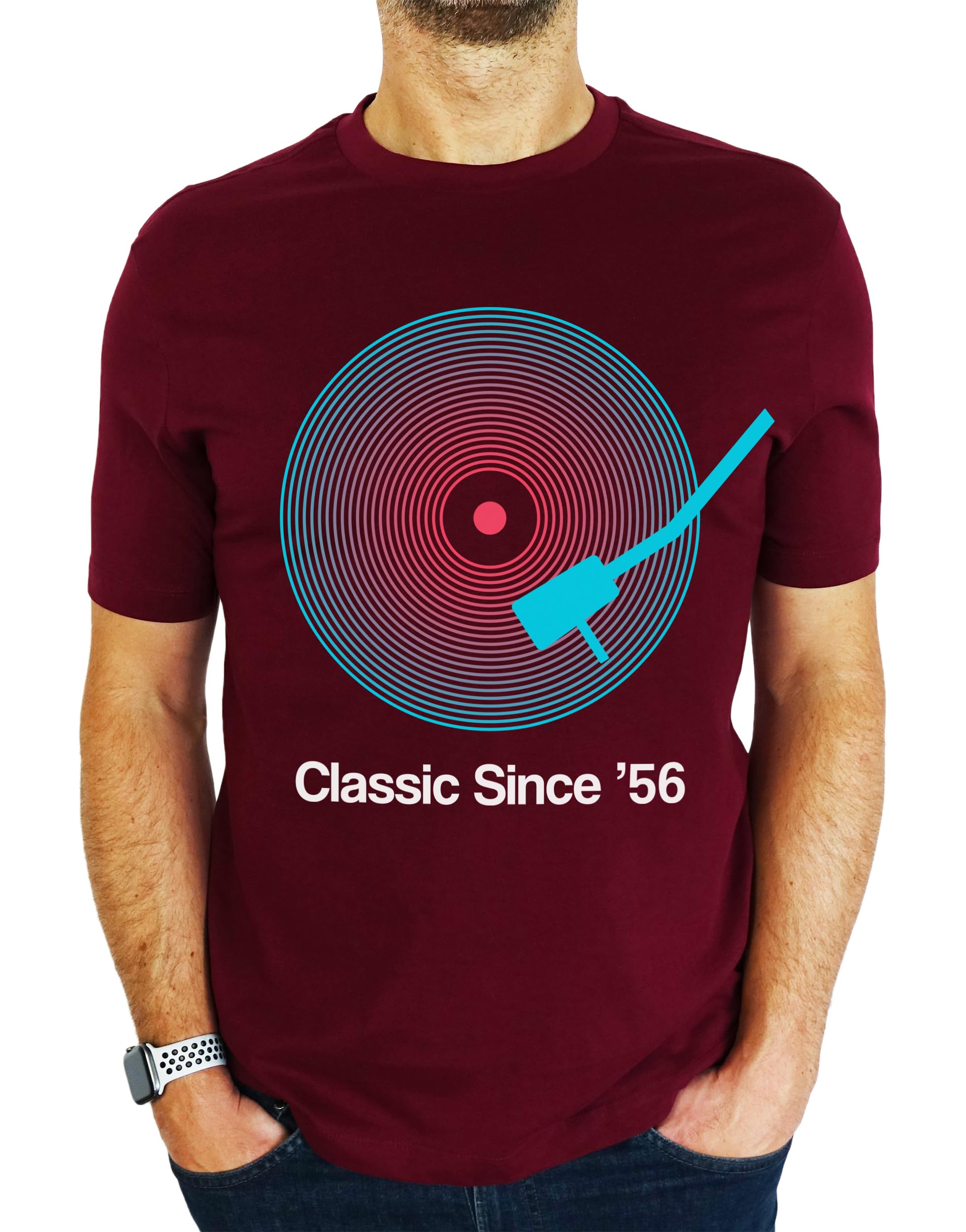 1956 Vinyl Record Neon - Classic Since - 70th Birthday Gift | Present Mens T-Shirt Burgundy M