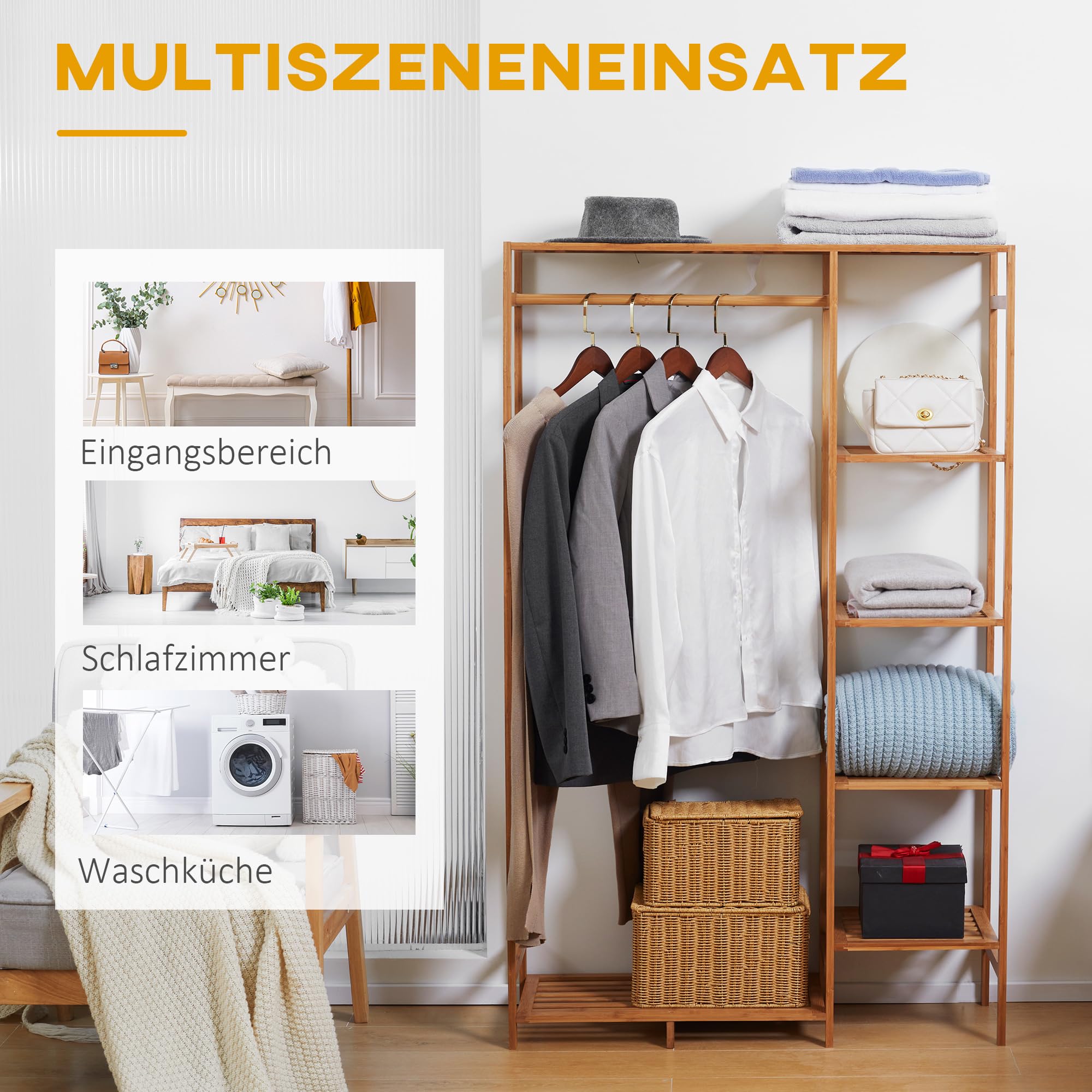 HOMCOM Wieszak stojący z drążkiem i półką, naturalne drewno