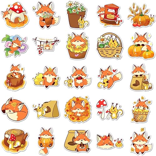 Miniatura 2 de Paquete de 50 calcomanías de zorro kawaii para niños y niñas, dibujos animados de animales salvajes, impermeables, calcomanías de vinilo para