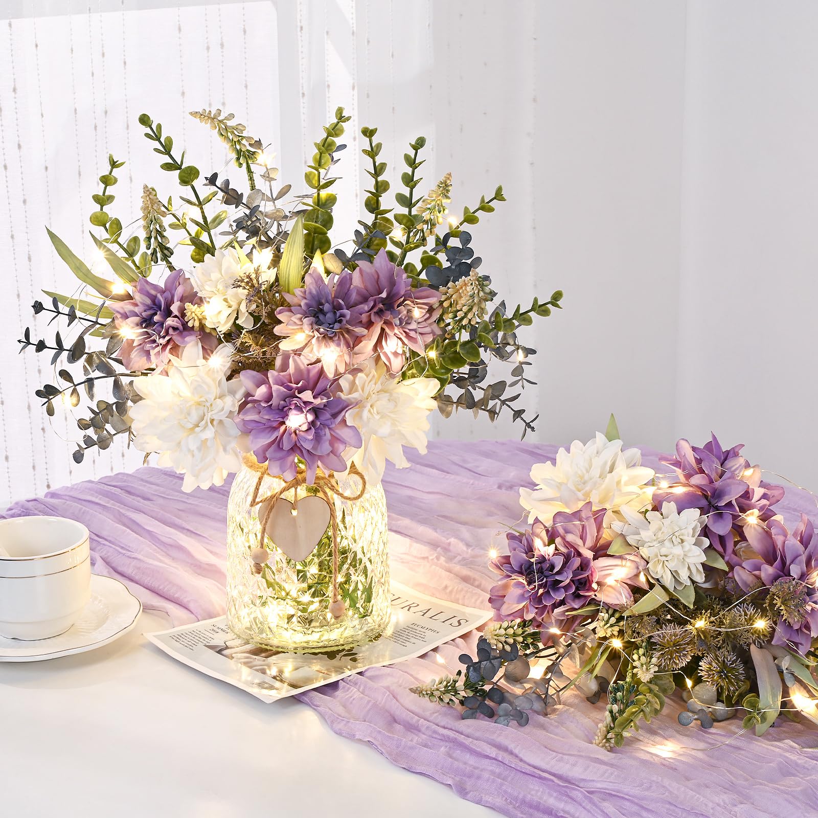 Composizione Di Fiori Finti In Seta Con Vaso In Ceramica Viola (Crisantemo) – H18.5 Cm, Decorazione Per Casa, Ufficio, Tavolo, Centrotavola, Regalo