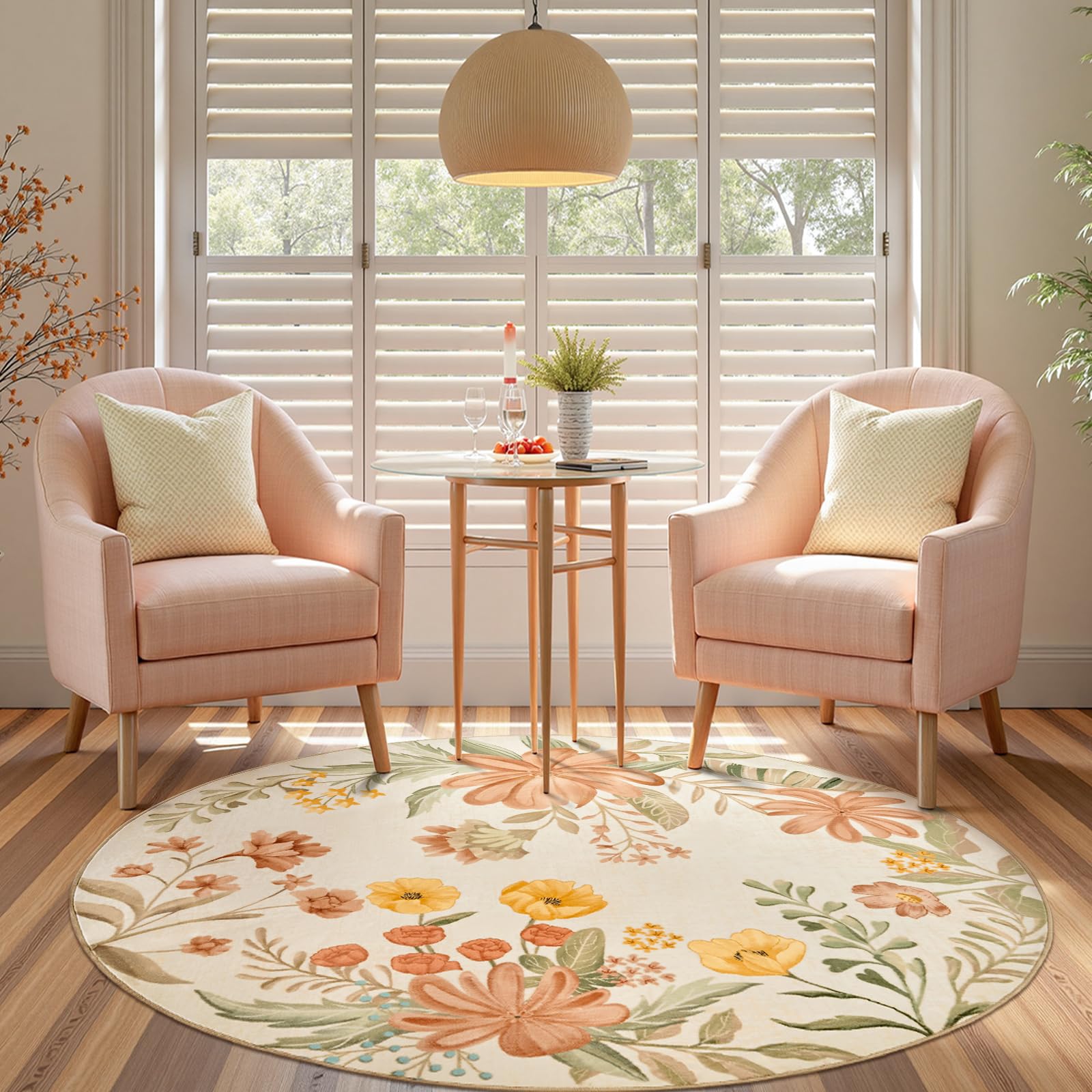 jinchan 6ft Round Floral Area Rug for Bedroom - Washable Soft Non-Slip Flower Rug Circle 6' Round Accent Rug for Living Room Entryway Dining Room