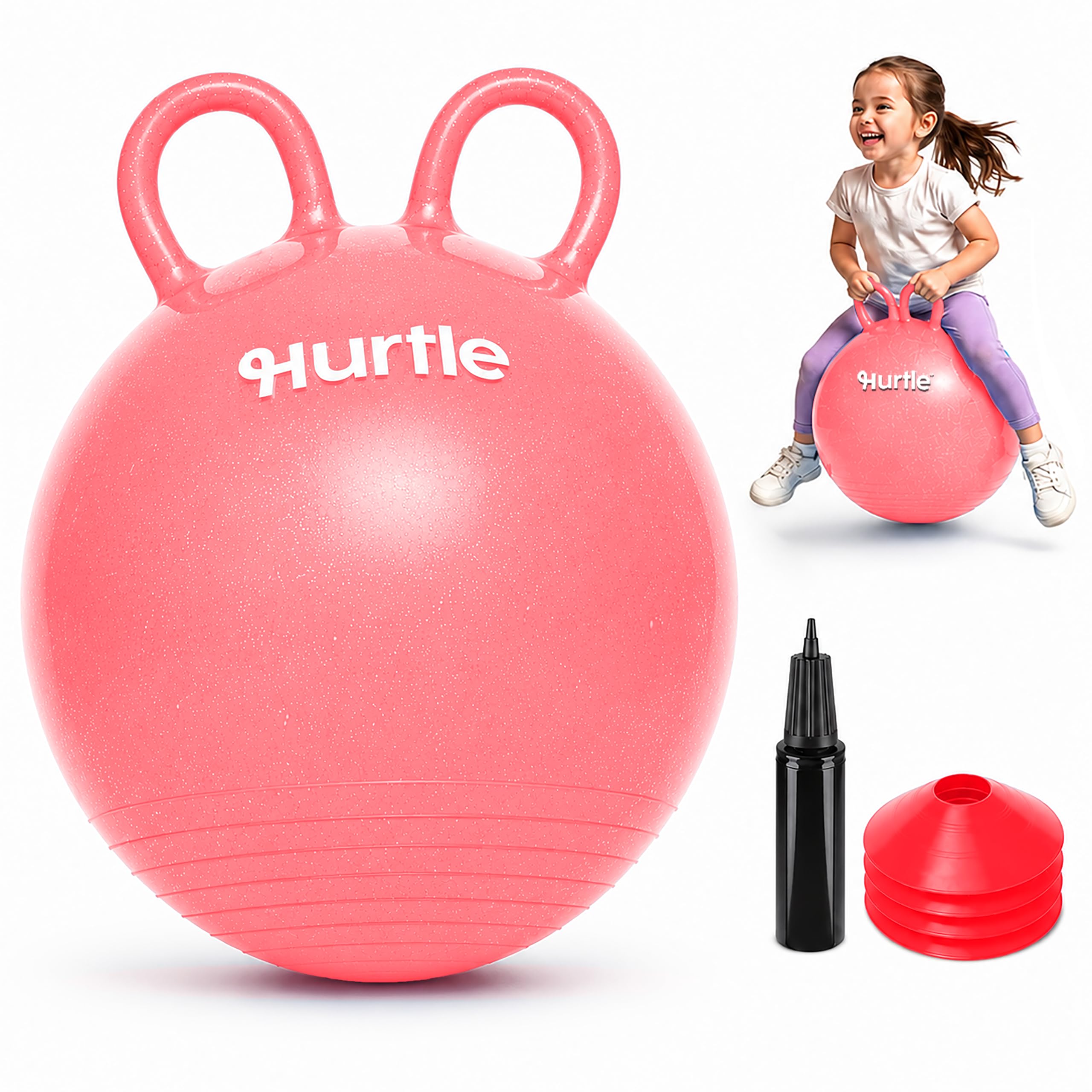 Hurtle Space Hopper 18 Inch Hopper Ball for Kids With Dual Handles, Pump and 4 Cones for Balance, Coordination and Active Indoor Outdoor Play, Red Glitter