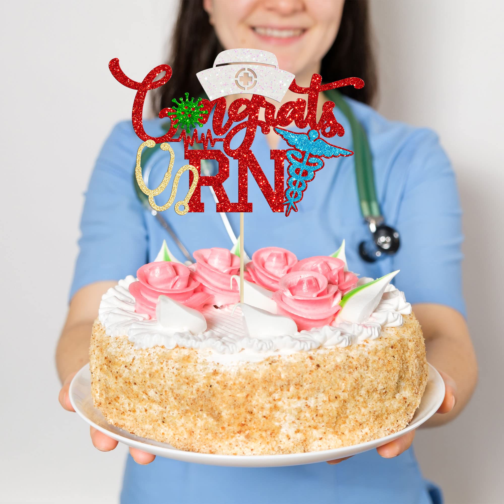 Talorine Kuchendekoration "Congrats Nurse" – Roter Glitzer, Ca. 15 X 10,9 Cm | Für Abschlussfeiern, Krankenschwester-Partys & Torten