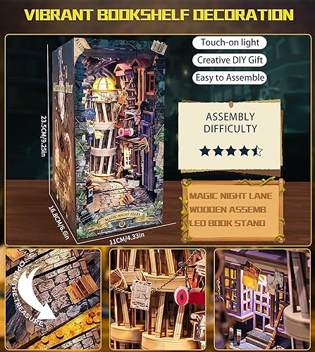 Miniatura 14 de Spilay Kit de bricolaje para rincón de libros, casa de muñecas, estantería, decoración de callejón, kit de construcción de modelos de sujetalibros