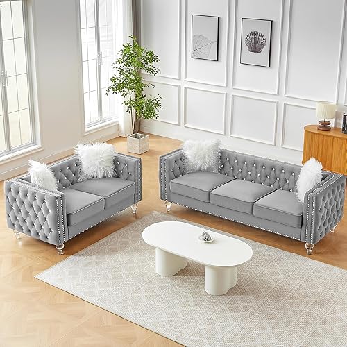 Miniatura 9 de Sofá Chesterfield de 83 pulgadas, sofá tapizado moderno de mediados de siglo con 2 almohadas y patas acrílicas, sofá vintage copetudo con botones