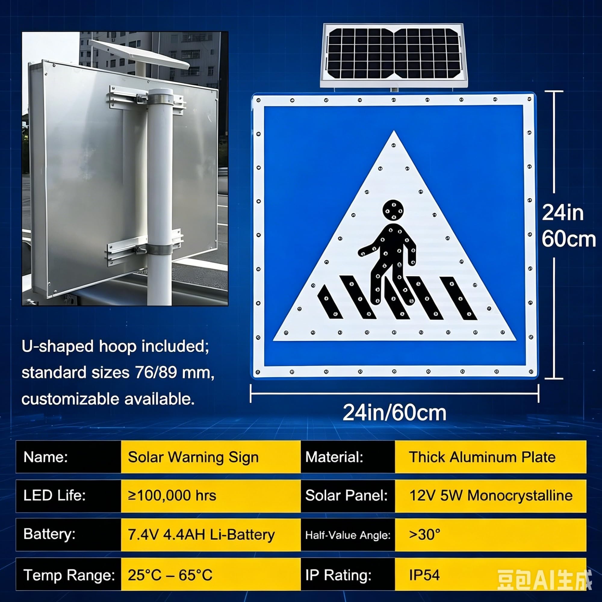 Señal de advertencia de cruce de peatones LED solar de 24"/30", aluminio reflectante de ingeniero IP65, for seguridad en cruces de peatones escolares y residenciales(24in)