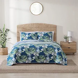 Tommy Bahama - King Quilt Set, Reversible Cotton Bedding with Matching Shams, Medium Weight, Oeko-Tex Certified (Southern Breeze Dark Blue)