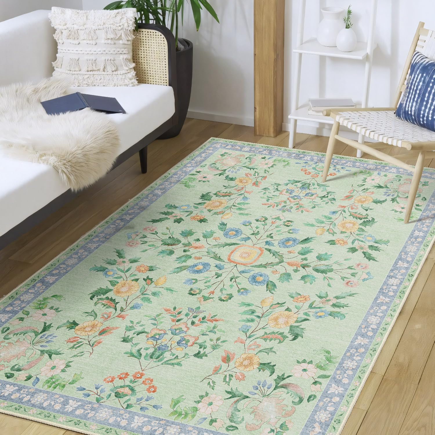 MUJOO Washable 3x5 Rug,Green Floral Area Rugs for Bedroom Bedside Entryway Living Room Kitchen,Small Boho Indoor Floor Rug Non Slip Throw Carpet Low Pile Vintage