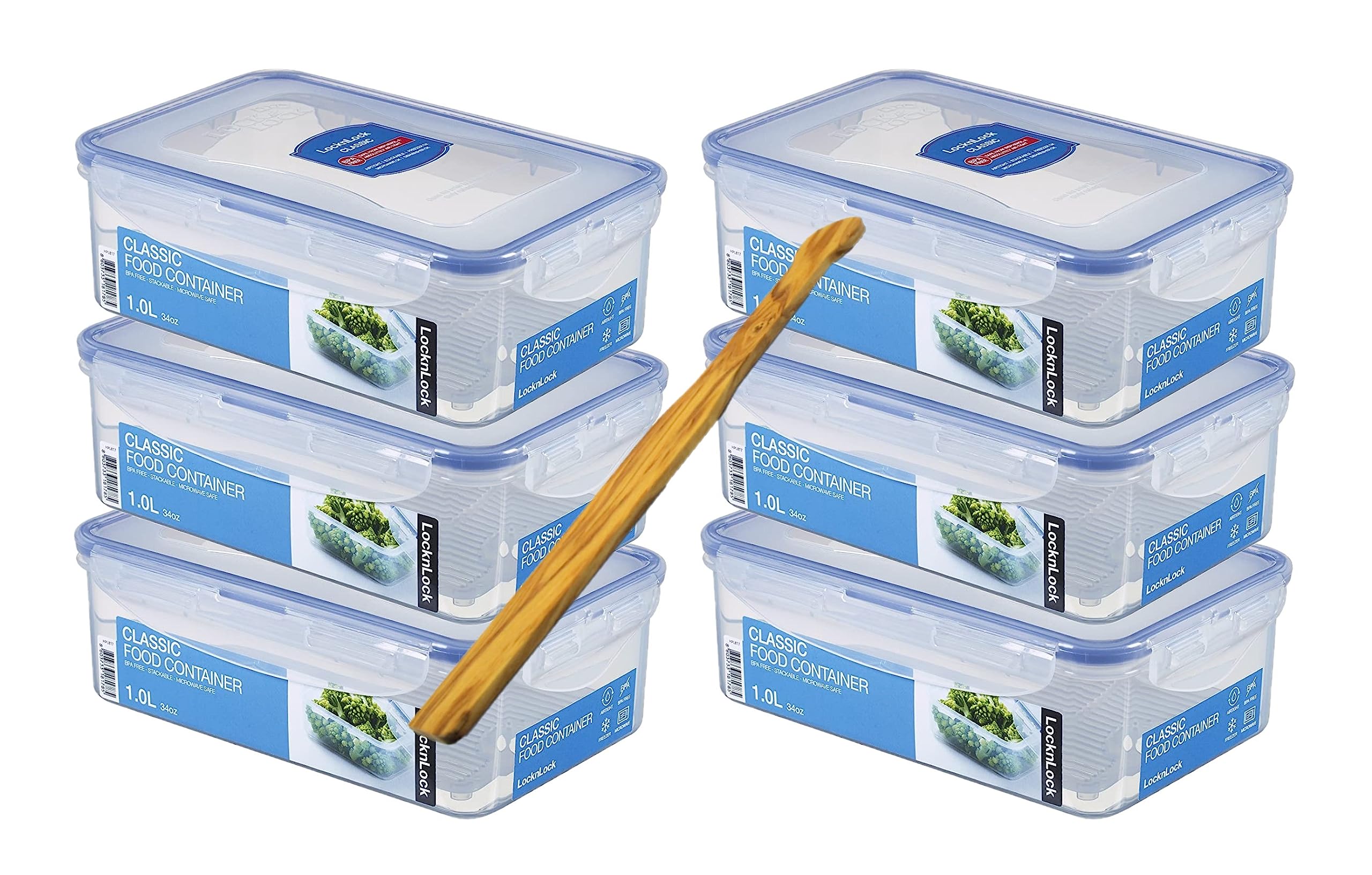 Lock&Lock Frischhaltedosen-Set 6-teilig (6X HPL817T, 1L) und SeleXions Multifunktion Olivenholz Spachtel