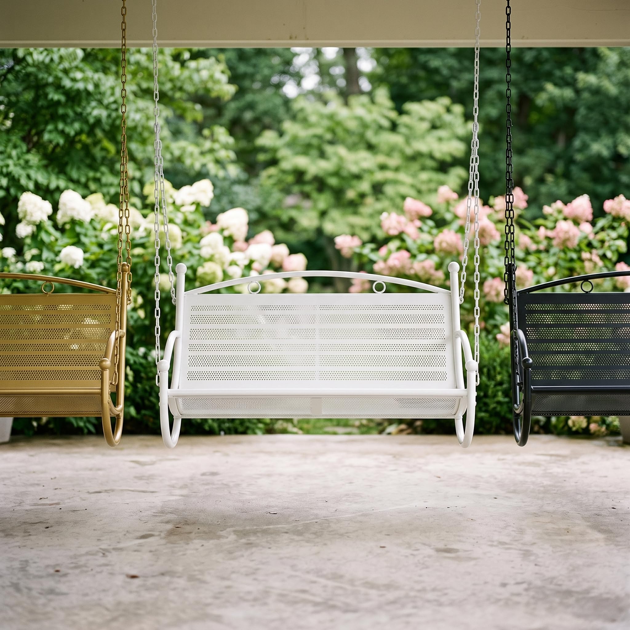 Altalena da Giardino in Metallo, Seggiolino Altalena per Giardino e Spazi Esterni, Design Versatile, Bianco, Doppio rinforzato con bracciolo a mezzaluna