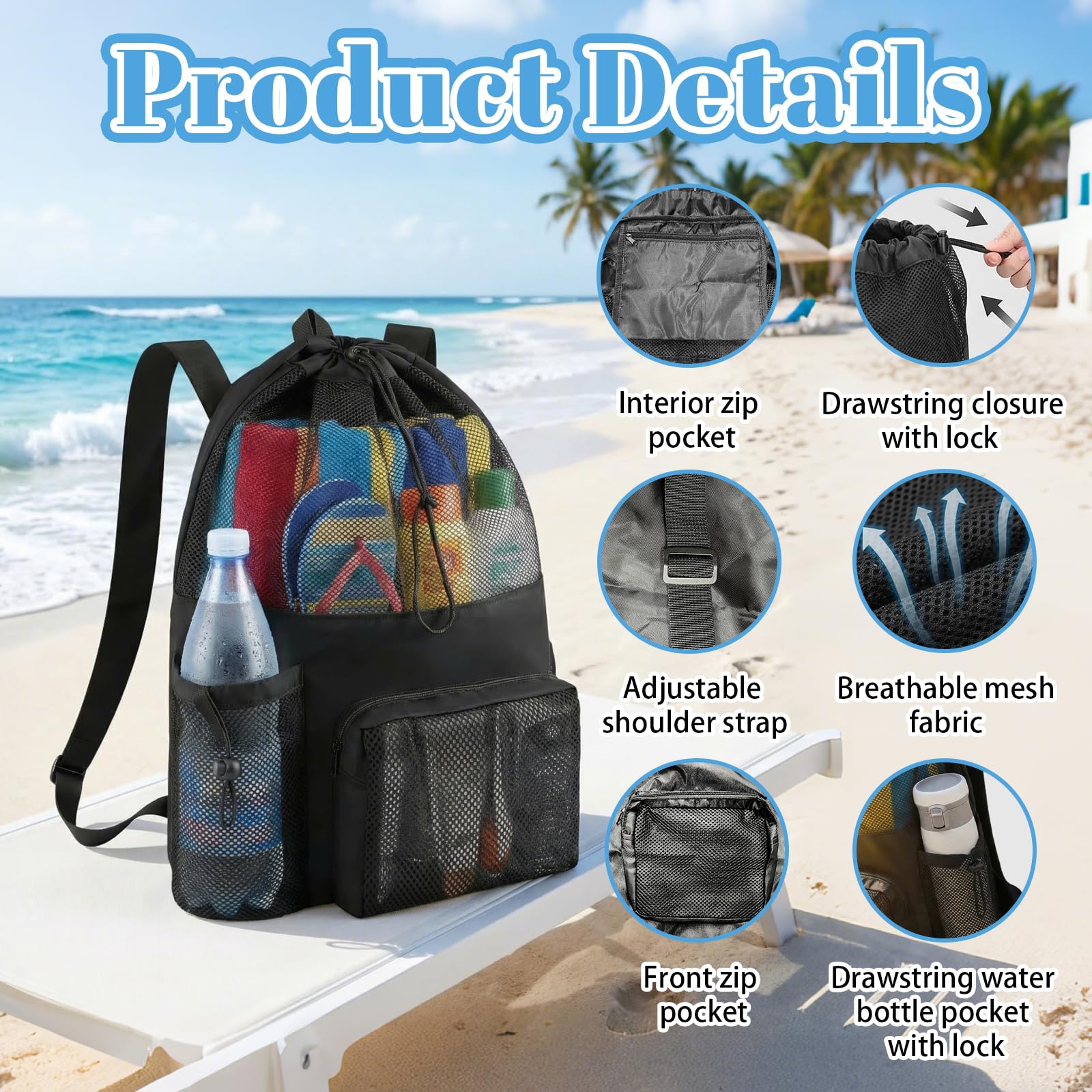 Mochila de malla para natación con cordón, Bolsa de playa ajustable para hombres y mujeres