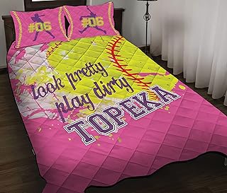 Custom Softball Quilt with Name, Pink Quilt Set Softball Full Size Bedding for Dad Husband Kids Son Daughter Quilt Sets - King Queen Twin Throw Size Soft Warm All Season, Softball Theme Room Decor