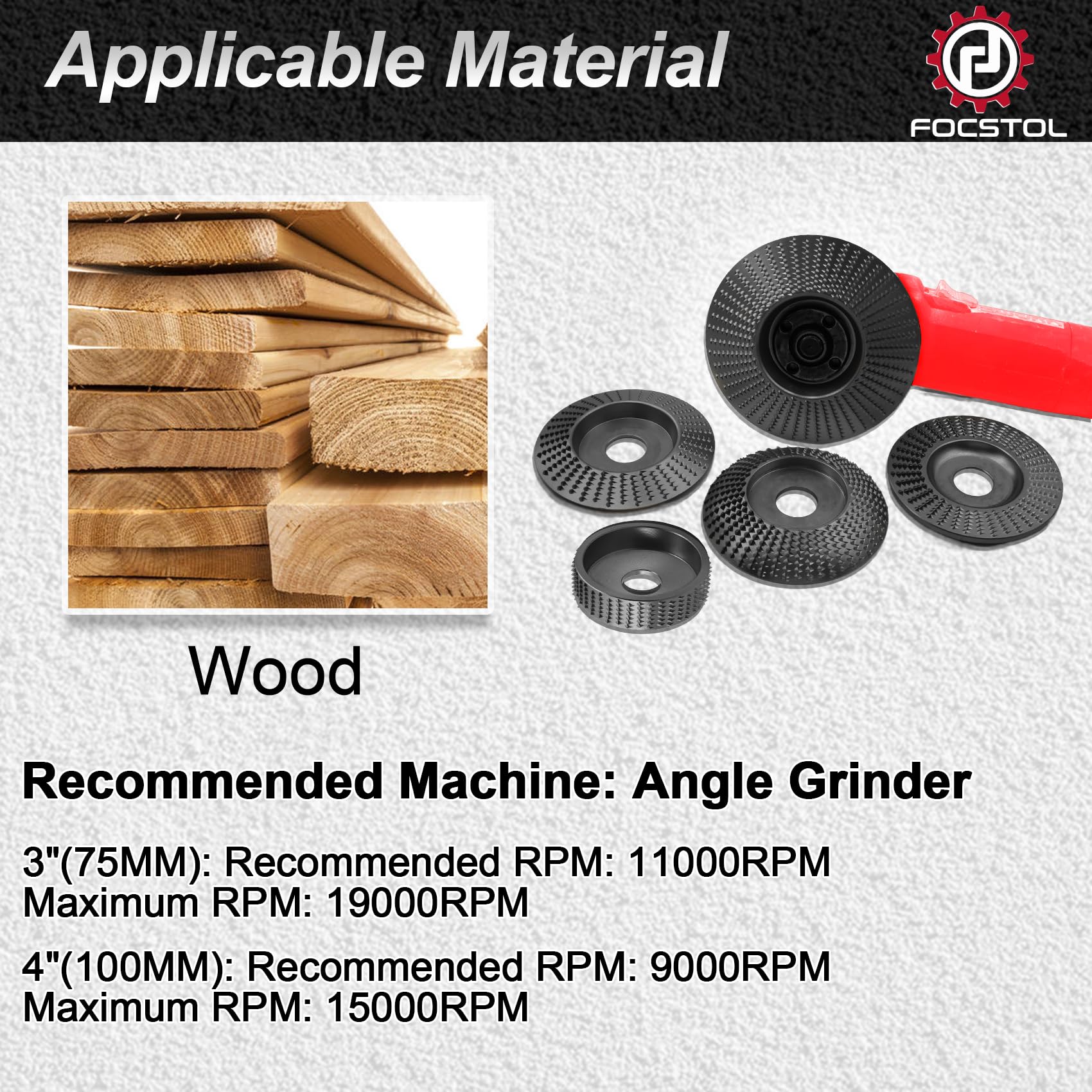 FOCSTOL Intaglio Legno Mola Disco - 5 pezzi (4 pezzi 100mm+1pezzo 75mm) Disco Smerigliatrice Foro 22,23 x 15,875mm per Legno Smerigliatura Modellatura Lucidatura Intaglio