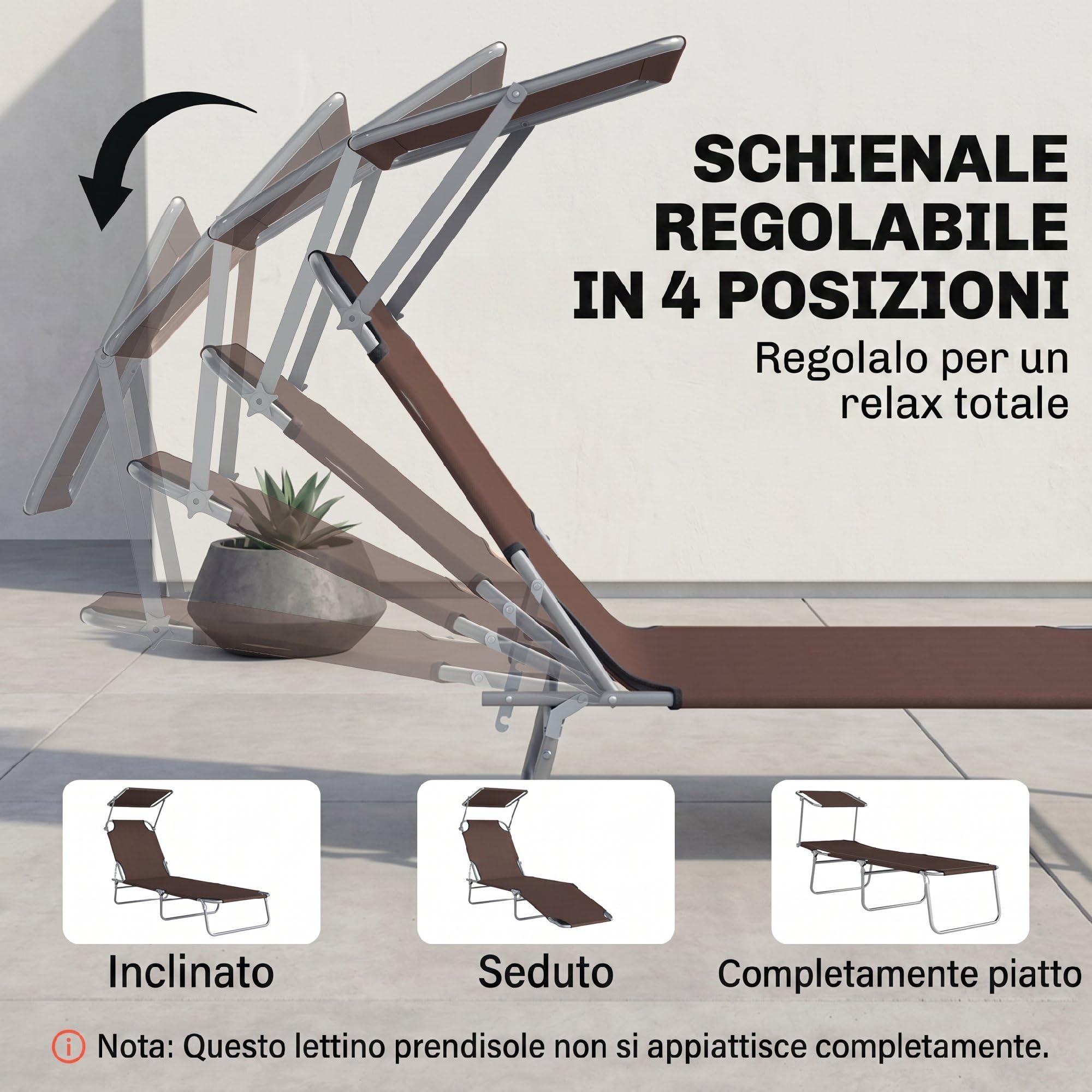 Outsunny Lettino Prendisole da Giardino Pieghevole Regolabile Marrone | con Tettuccio, Schienale Regolabile, Sdraio da Giardino, Tessuto Oxford e Metallo, per Spiaggia, Piscina, 187x58x36 cm