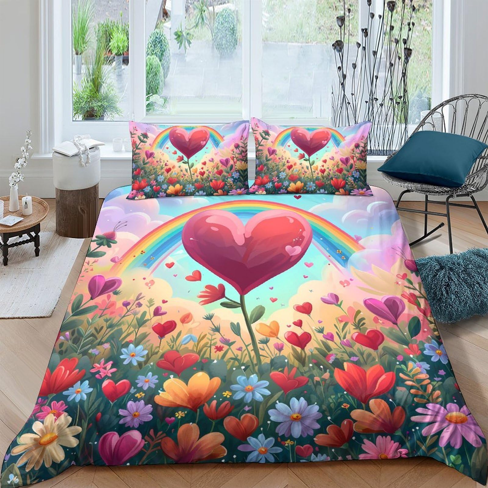 Ctjqhvkz Style-4 3D Printed Heart Rainbow Fitted Sheet Microfiber Floral Bed Cover For Bedroom Decor Mattress Protection Single（135X200cm）