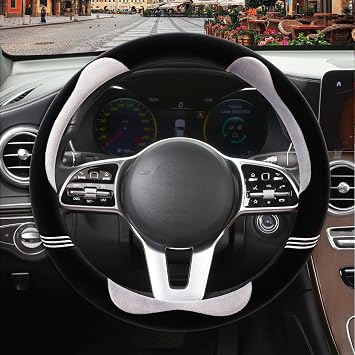 Furry Cute Steering Wheel Cover, Soft Fluffy Short Plush Auto Accessories, Non-Slip Cold-Proof Sweat-Proof Colorfast, Universal 15 inchBlack with Gray