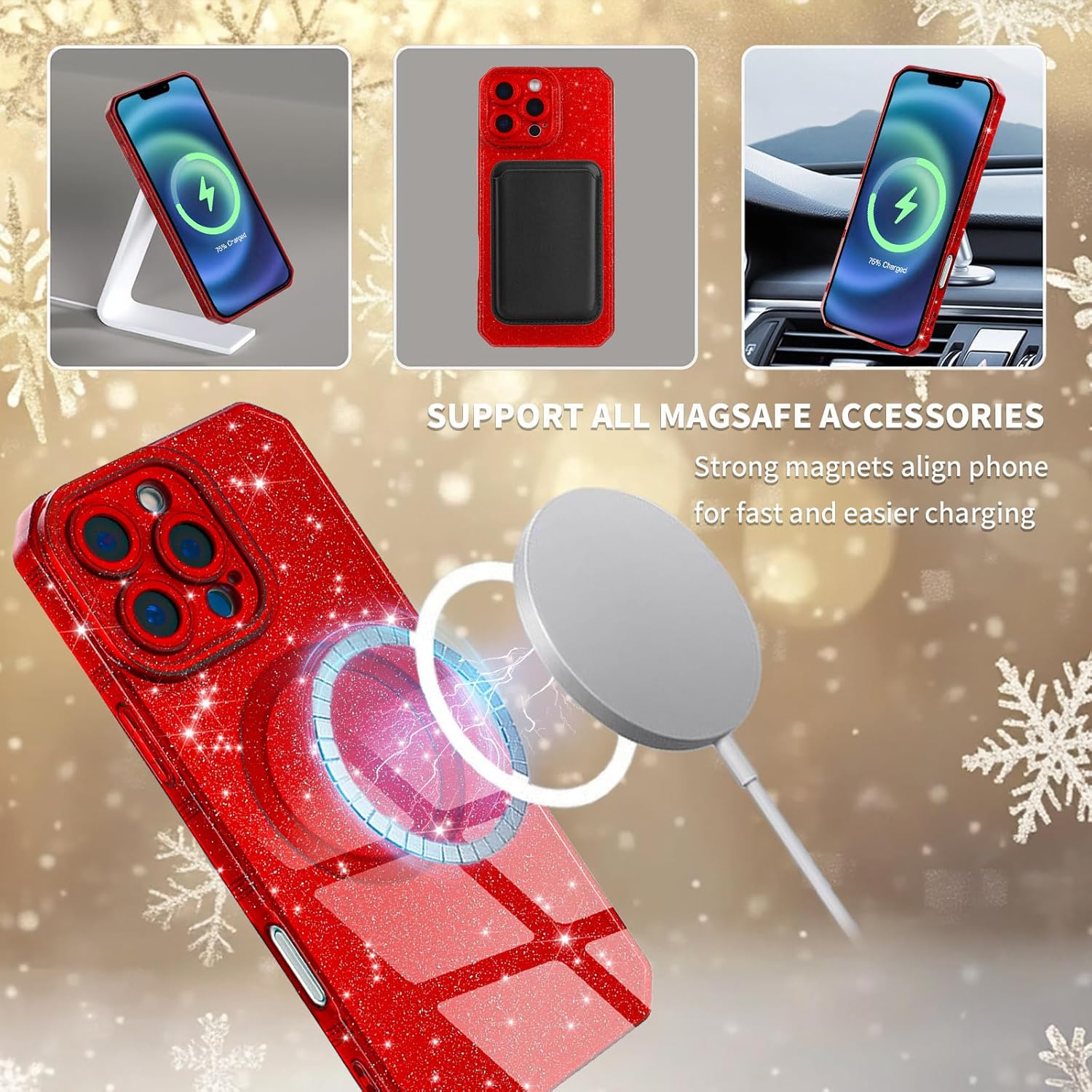 Magnetic Case for iPhone 16 Pro Max 6.9", Red Glitter Luxury Slim Shine Edge Silicone Shockproof Phone Case for Women Girls (Magsafe Compatible) (Red) - Image 3