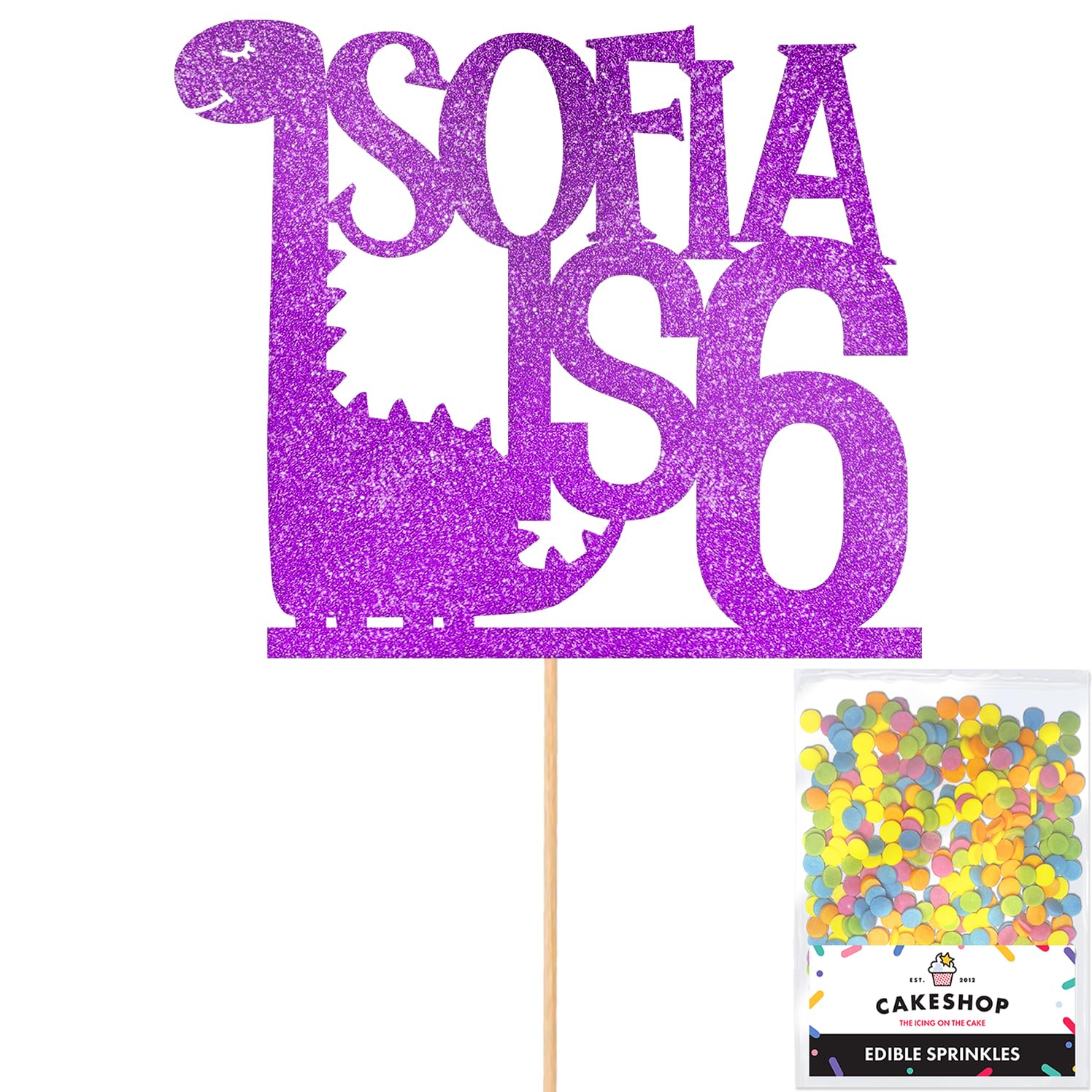 Personalised Birthday Dinosaur Glitter Cake Topper- Purple Any Name & Age Glitter Cake Decoration and Sprinkles - Happy Birthday Decorations - Personalised Toppers for Cakes by Cakeshop — image 1