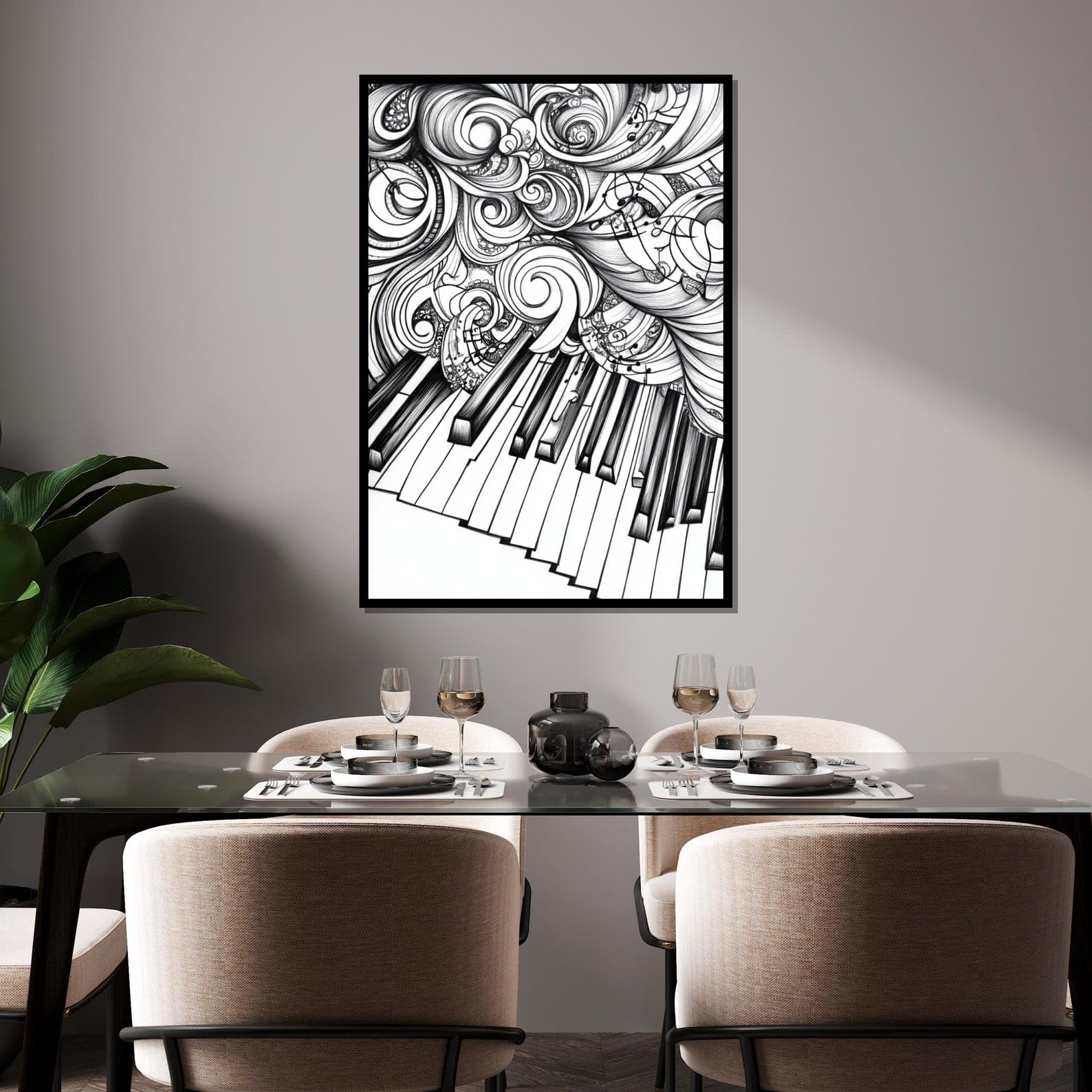 CAOXTART Abstrakcyjny obraz na płótnie z klawiszami fortepianu, czarno-biały plakat muzyczny i wydruki, monochromatyczna sztuka ścienna, kreatywny design (20 x 30 cm / ramka wewnętrzna)