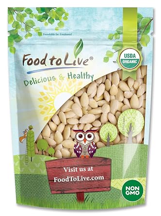 Food to Live Organic Blanched Whole Almonds, 12 Ounces - Non-GMO, Raw, Unpasteurized, Unsalted, Keto, Paleo, Kosher, Bulk, High in Protein, Dietary Fiber, Vitamin E, Copper, and Riboflavin.