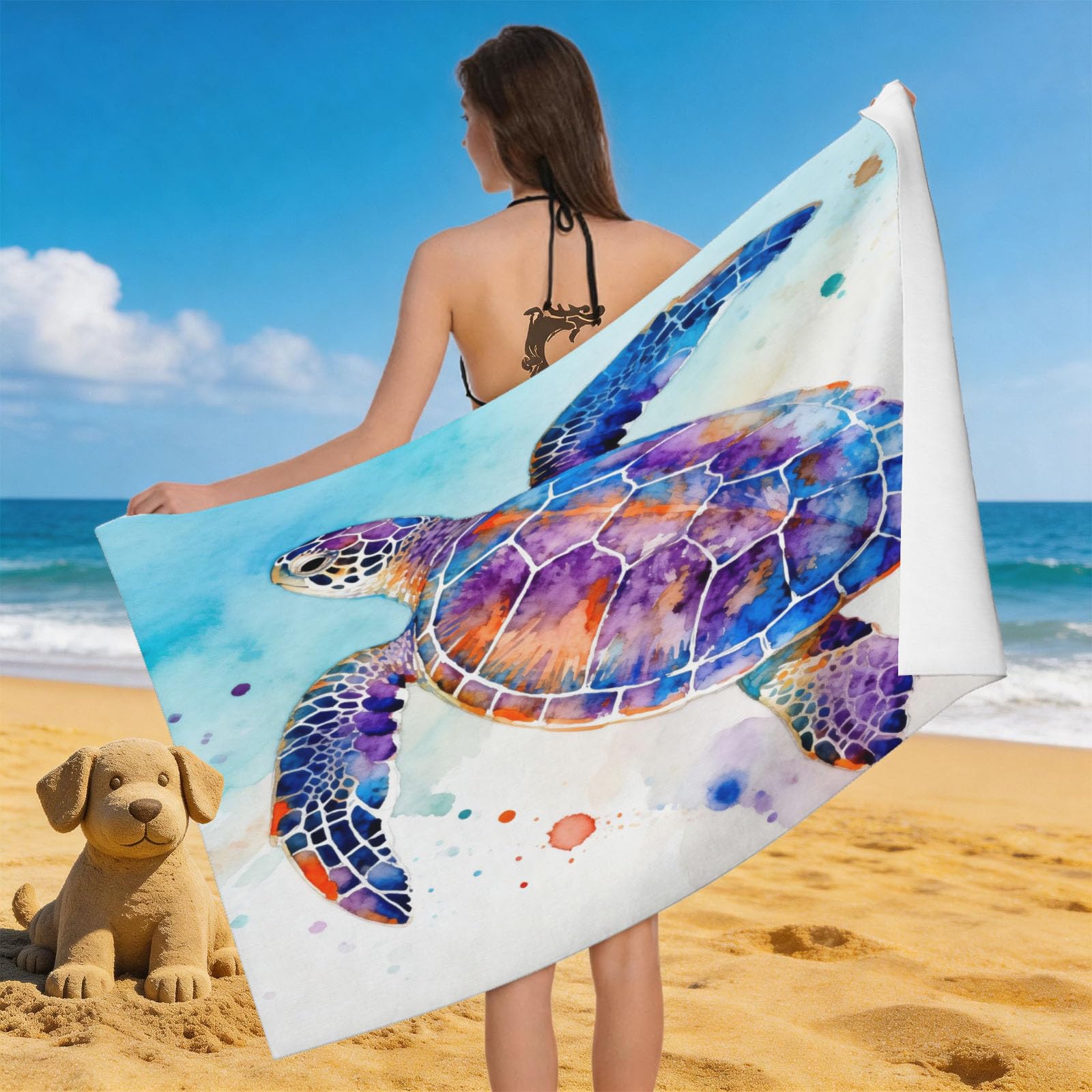 Leichong Men's Multicolour 3D Watercolor Sea Turtle Beach Towel Microfiber Soft Quick Dry For Adults, Ocean Animal Bath Towel Lightweight Soft Absorbent For Travel Swimming Pool Sports, 75 X 150 Cm