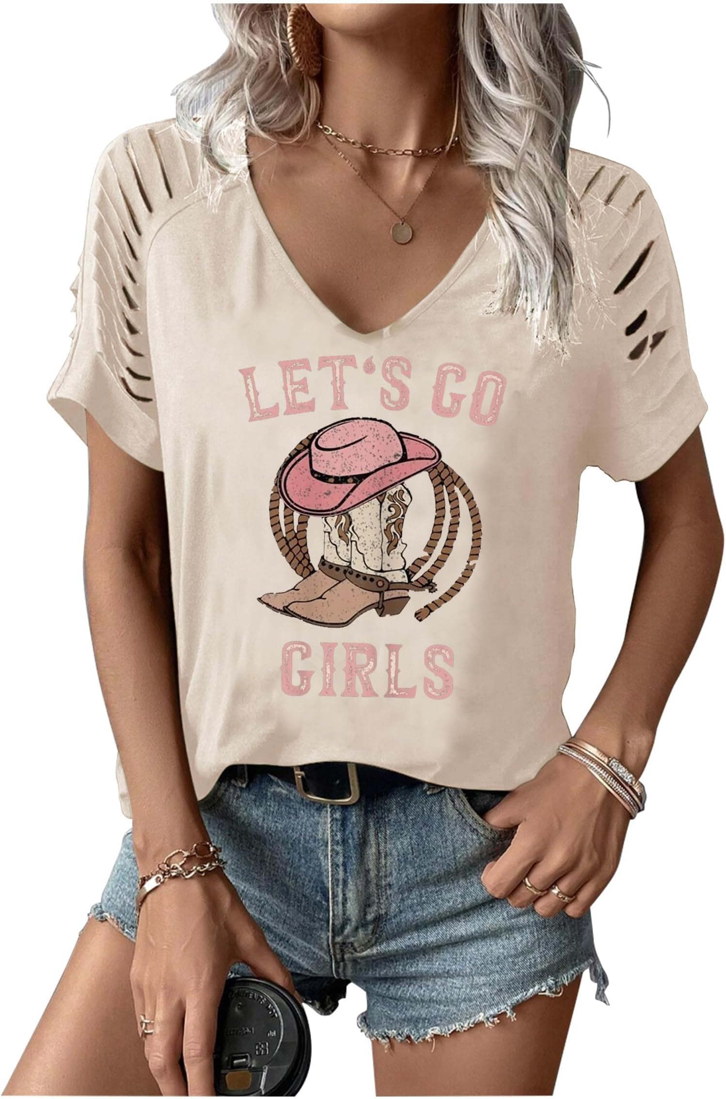 Rock Band T-Shirt for Women V-Neck Country Music Short Sleeved Shirt Retro Nashville Guitar Graphic Hollowed Tee Tops