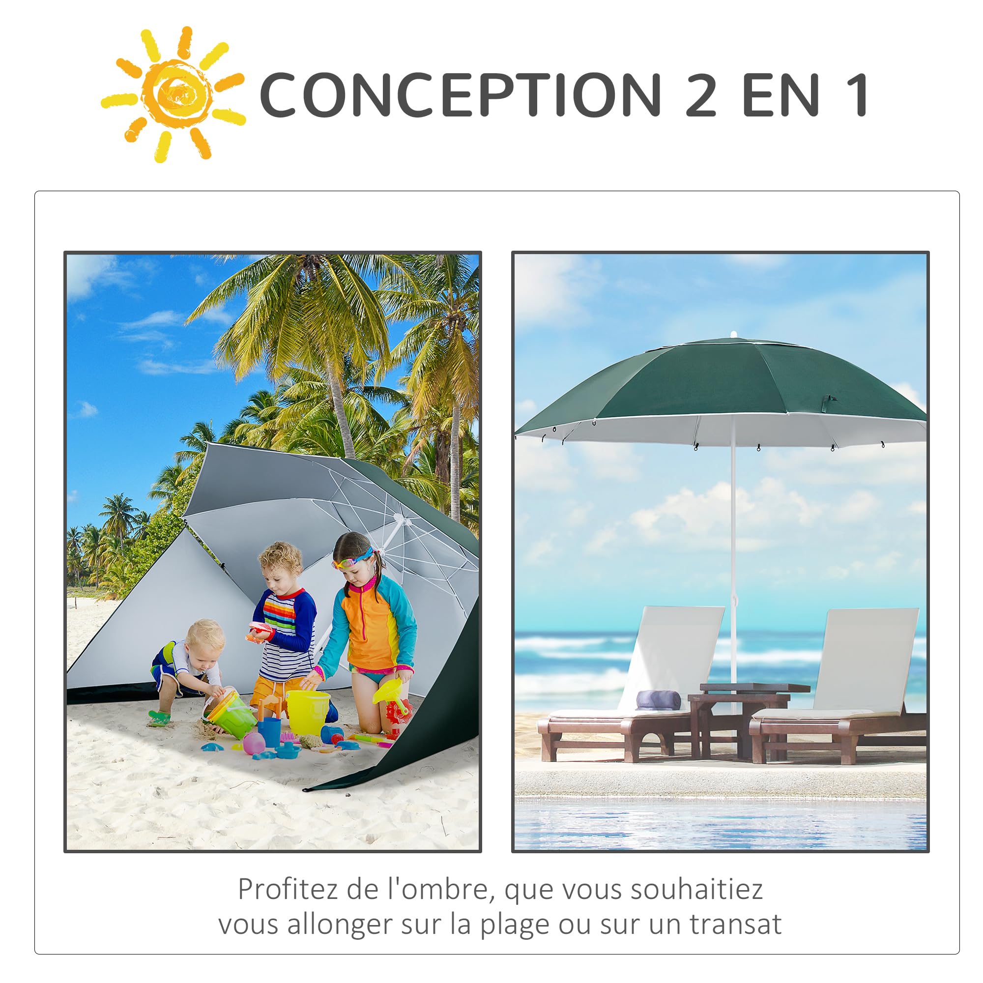 Outsunny Parasol de Plage Parasol abri Solaire Contemporain Protection UPF 50+ Sac Transport fourni Vert foncé