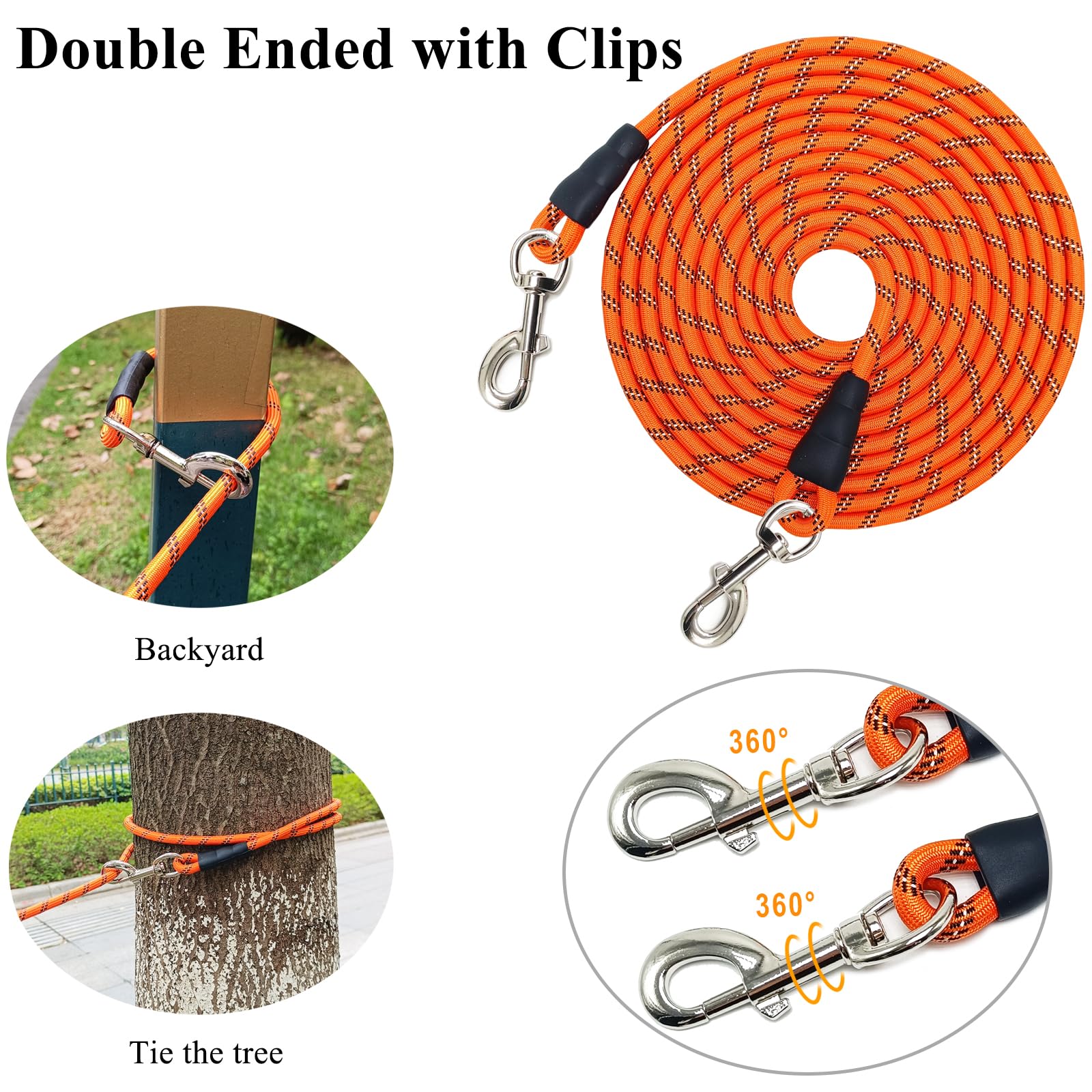 Laisse réfléchissante pour chien de 4,6 m, 9,1 m, 15,2 m de long, corde d'attache réfléchissante pour jardin, dressage d'obéissance, camping, jeu, tapis de jardin pour chiens de grande et