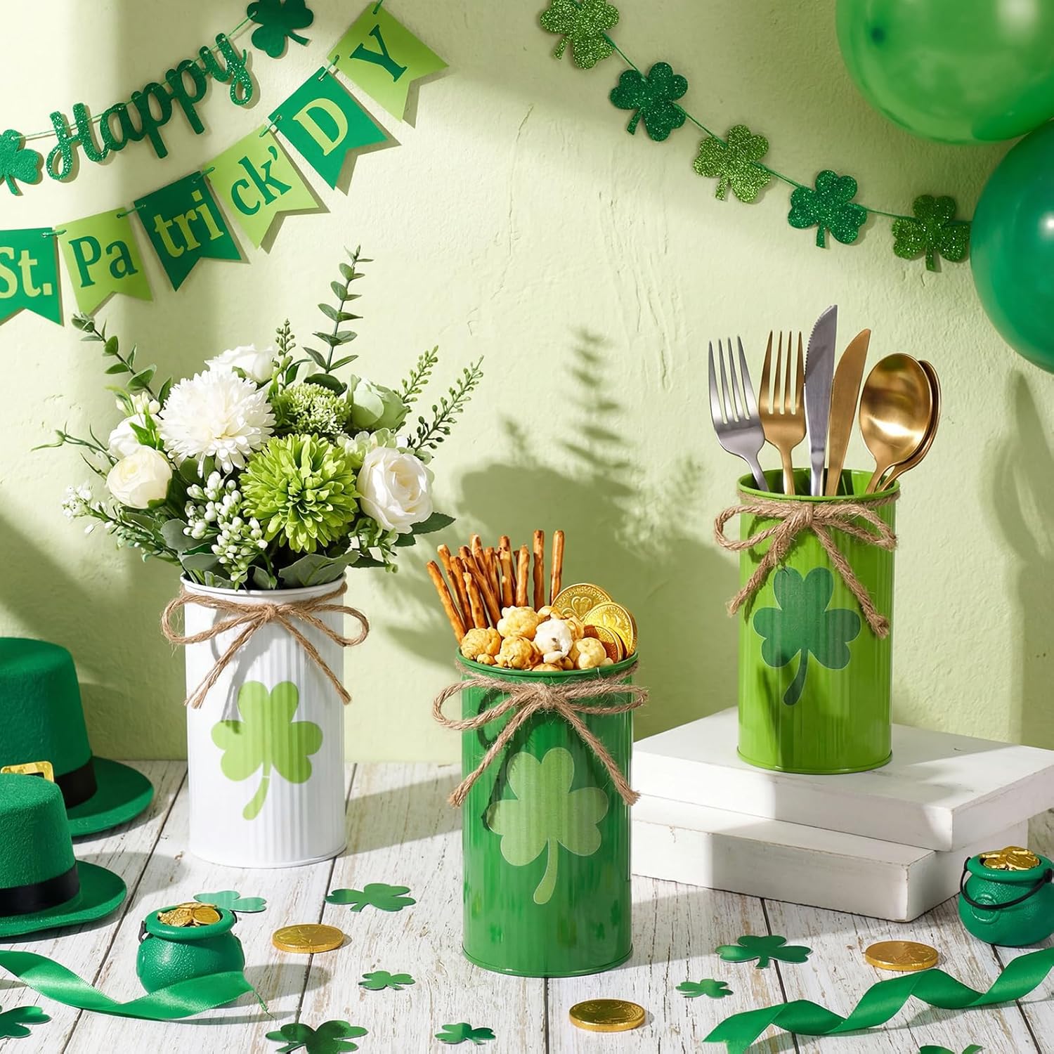 Domensi 6 Pcs St. Patrick's Day Vases Decor Green Shamrock Table Centerpieces Irish Galvanized Metal Vase for Flowers Utensil Holder Mason Jar Bucket for Kitchen Home St Patricks Day Party Decorations