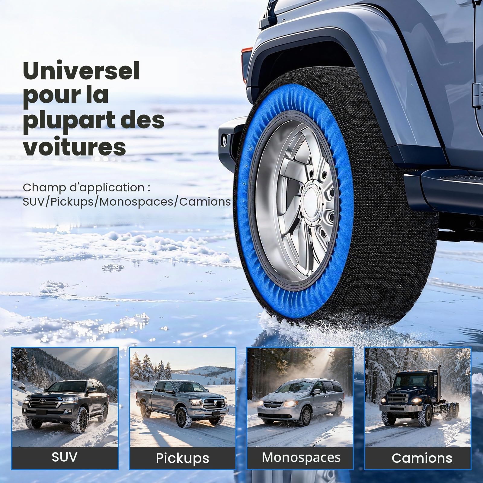 Lot de 2 chaussettes à neige pour voiture - En textile - Pour pneus de taille R14-R24 - Excellente adhérence - Chaînes à neige textile avec gants et sac de rangement pour les routes difficiles