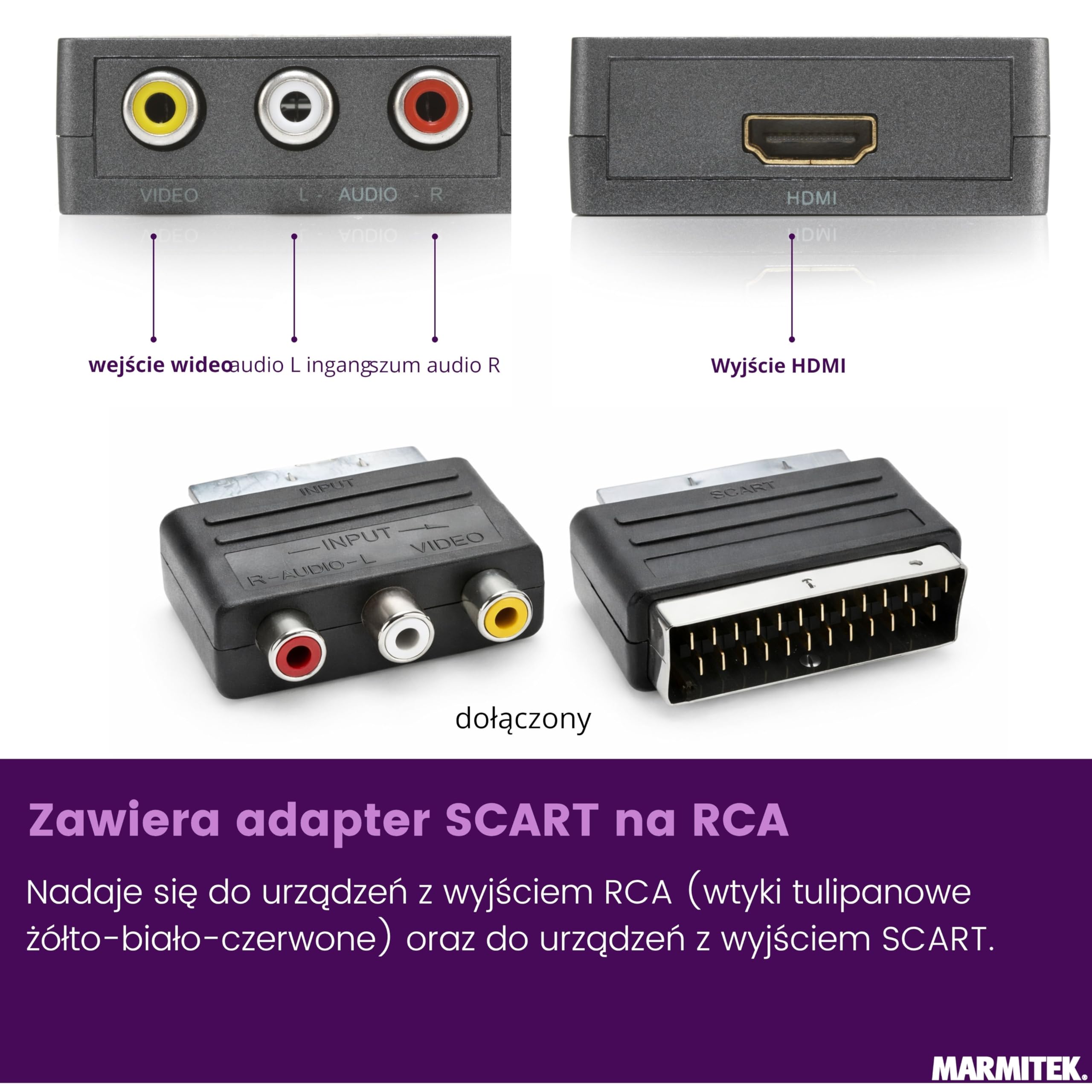 Marmitek Connect AH31 - Konwerter SCART na HDMI RCA AV 1080p | Adapter SCART/RCA AV na HDMI do TV i projektora, 720p/1080p, magnetowid, DVD i stare konsole