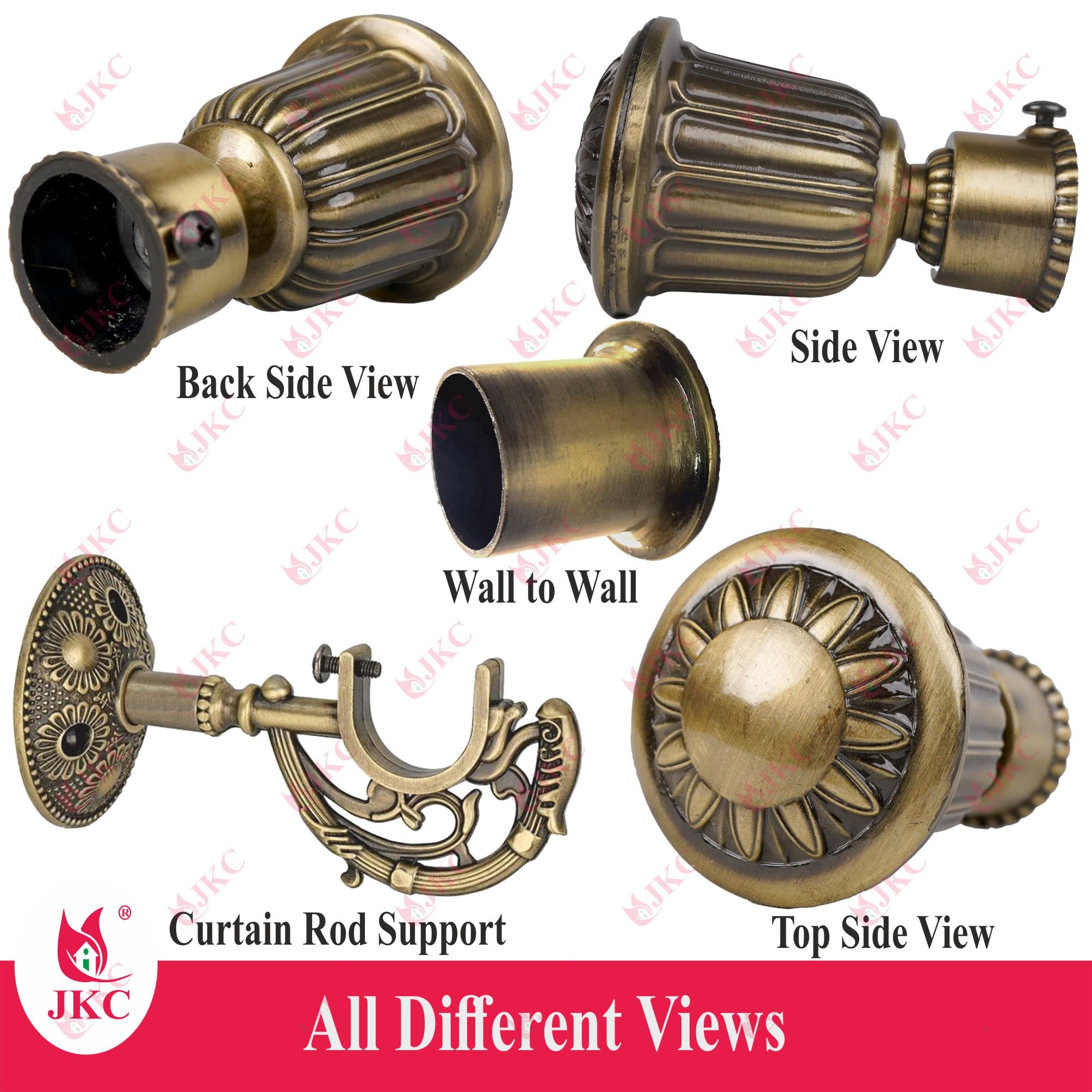 JKC Royal Golden Zinc Alloy Curtain Bracket and Holder Set - Perfect for 1 Inch Curtain Rods and Home Decor - Includes 1 Bracket, 1 Holder and 1 Wall to Wall | Support - 1 Pcs & Wall to Wall - 1 Pcs 1