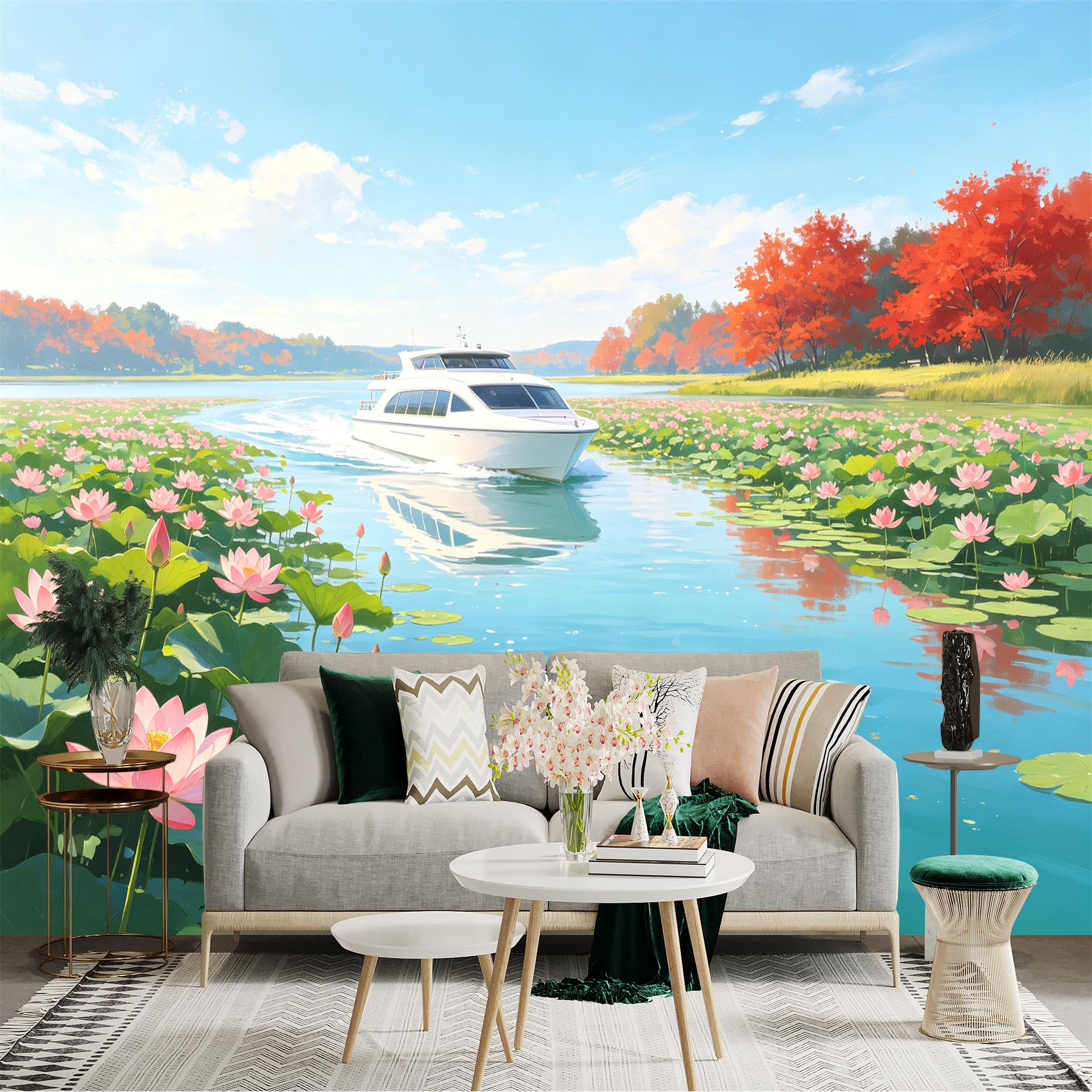 Custom Size Wall Sticker Mural， White Cruise Ship on Lake， Pink Lotus Flowers and Leaves， Autumn Red Trees， for wall Decoration， peelandstick wall Decals.