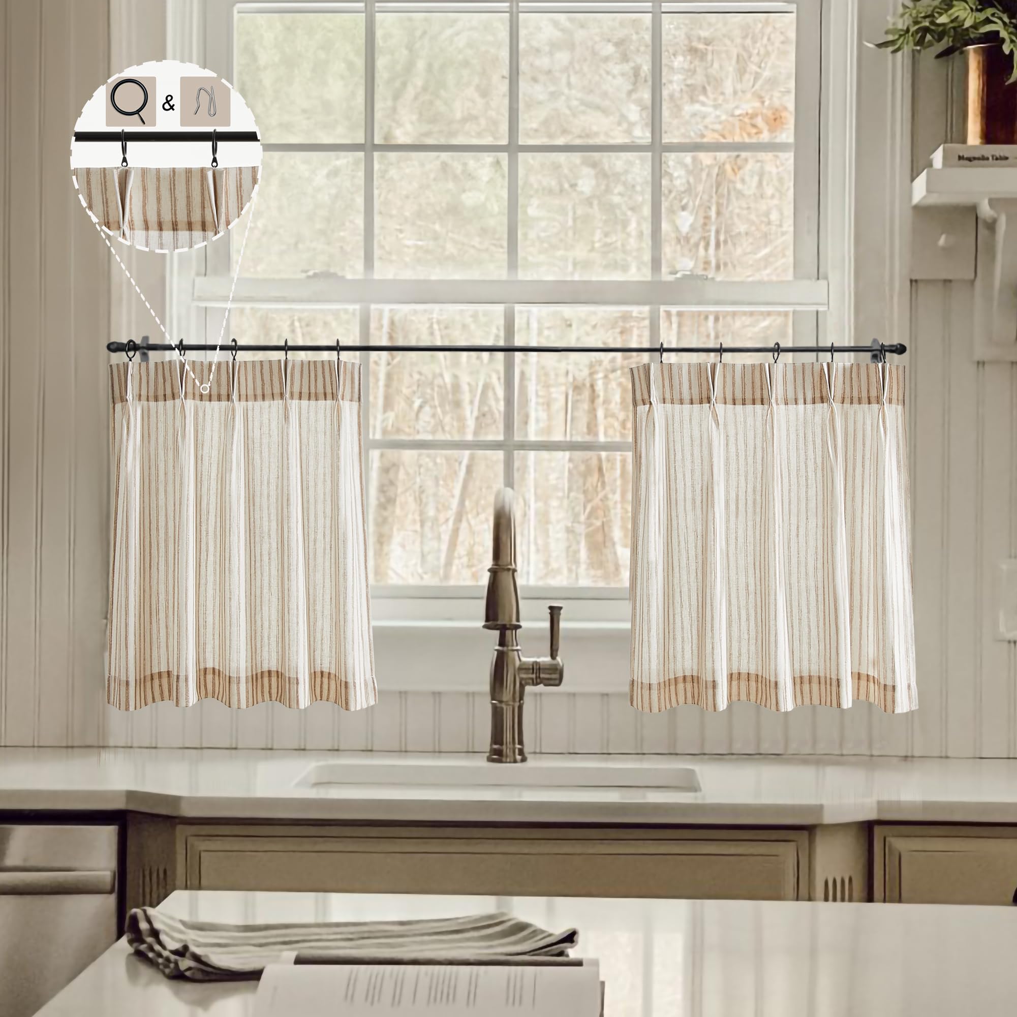 LIMON HOME Beige Linen Kitchen Curtains 22 inch Length Pinch Pleat Cafe Curtains