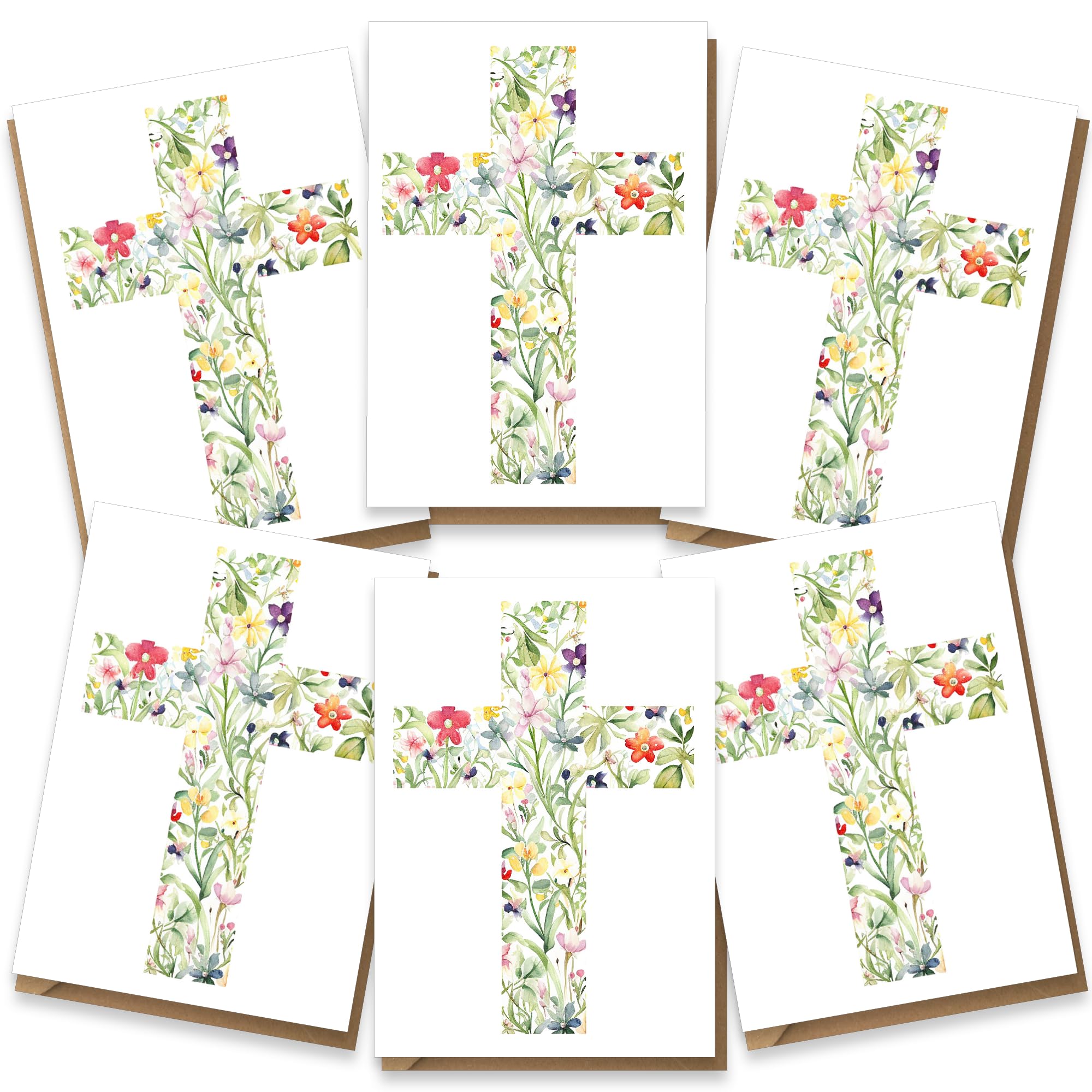 Easter Multipack Card Set, Religious Cards Pack of 6 - Thank You, Confirmation, Christening, Baptism, Sympathy - Floral Cross Design - Luxury Multi-pack of Six, Blank Inside with Premium Envelopes
