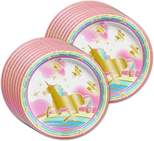 Miniatura 2 de Juego de suministros de fiesta de cumpleaños de Pegaso con arco iris dorado para 16