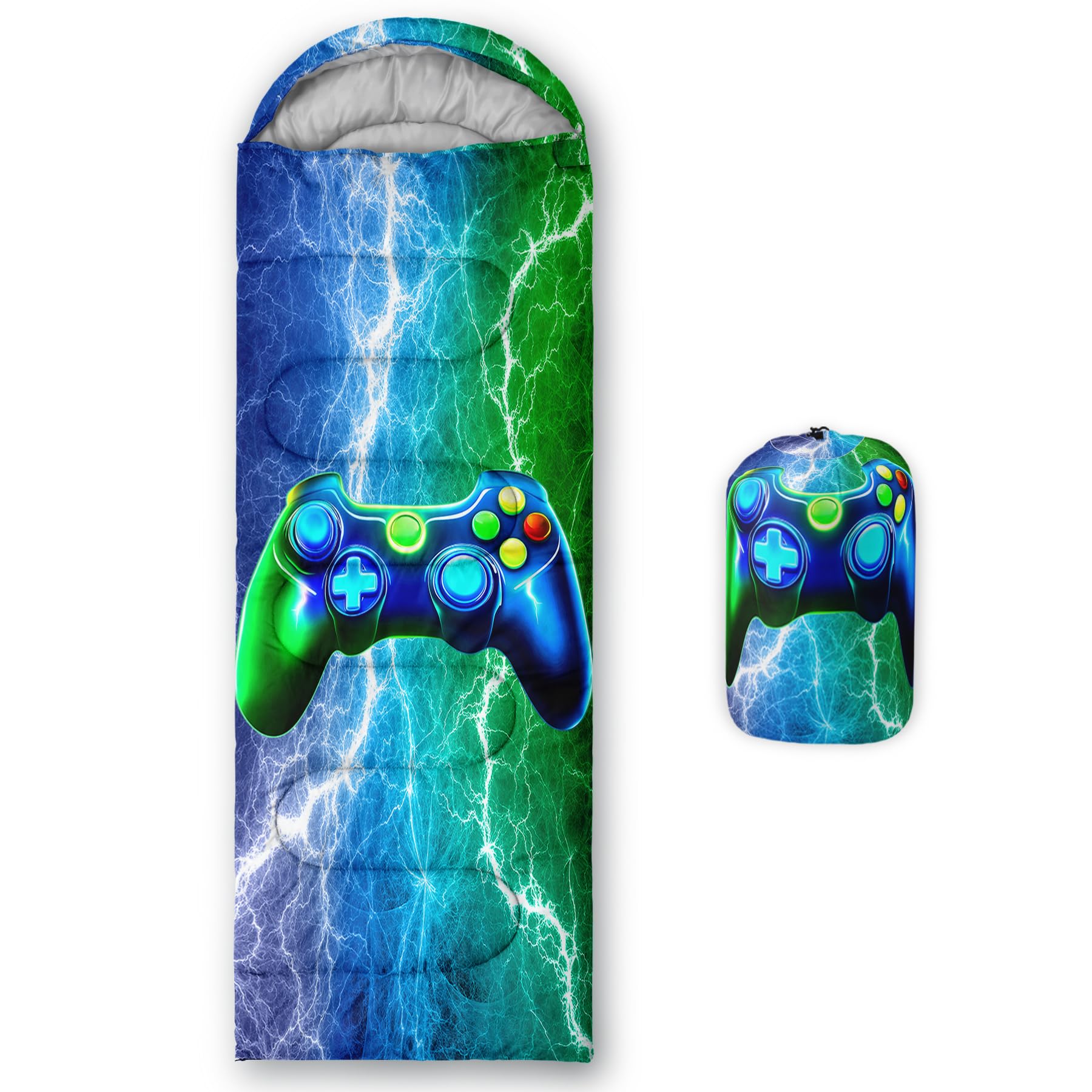 Axolotl Blue Gamepad Sleeping Bag,Waterproof Lightweight Gaming Sleeping Bag Game Console Camping Bag for Boys Teens,Warm and Cool Weather Green