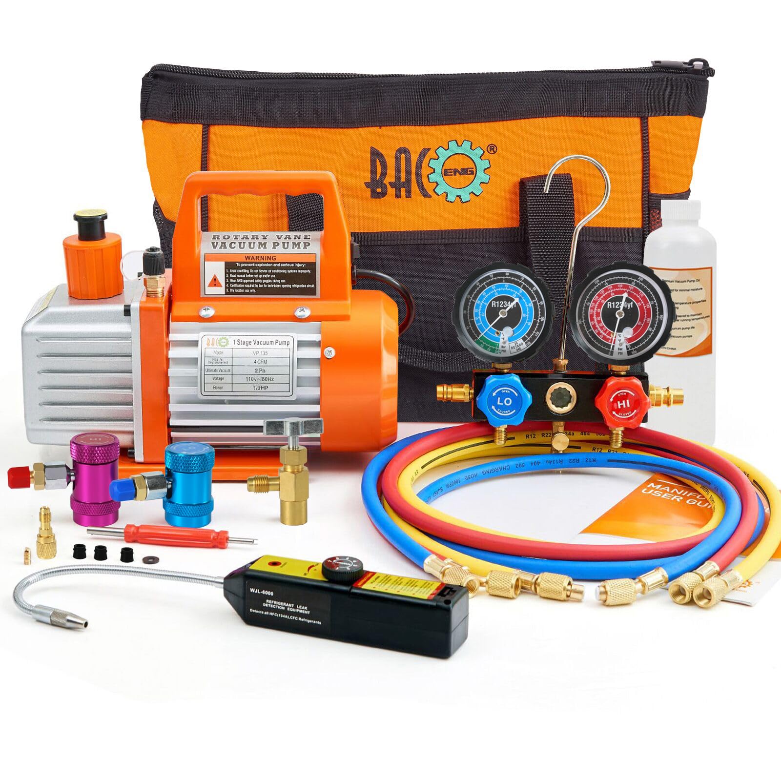 BACOENG R1234yf AC Vacuum Pump and Gauge Set, 4 CFM HVAC Vacuum Pump with Leak Detector for R1234yf Refrigerant, with Can Tap and Quick Couplers