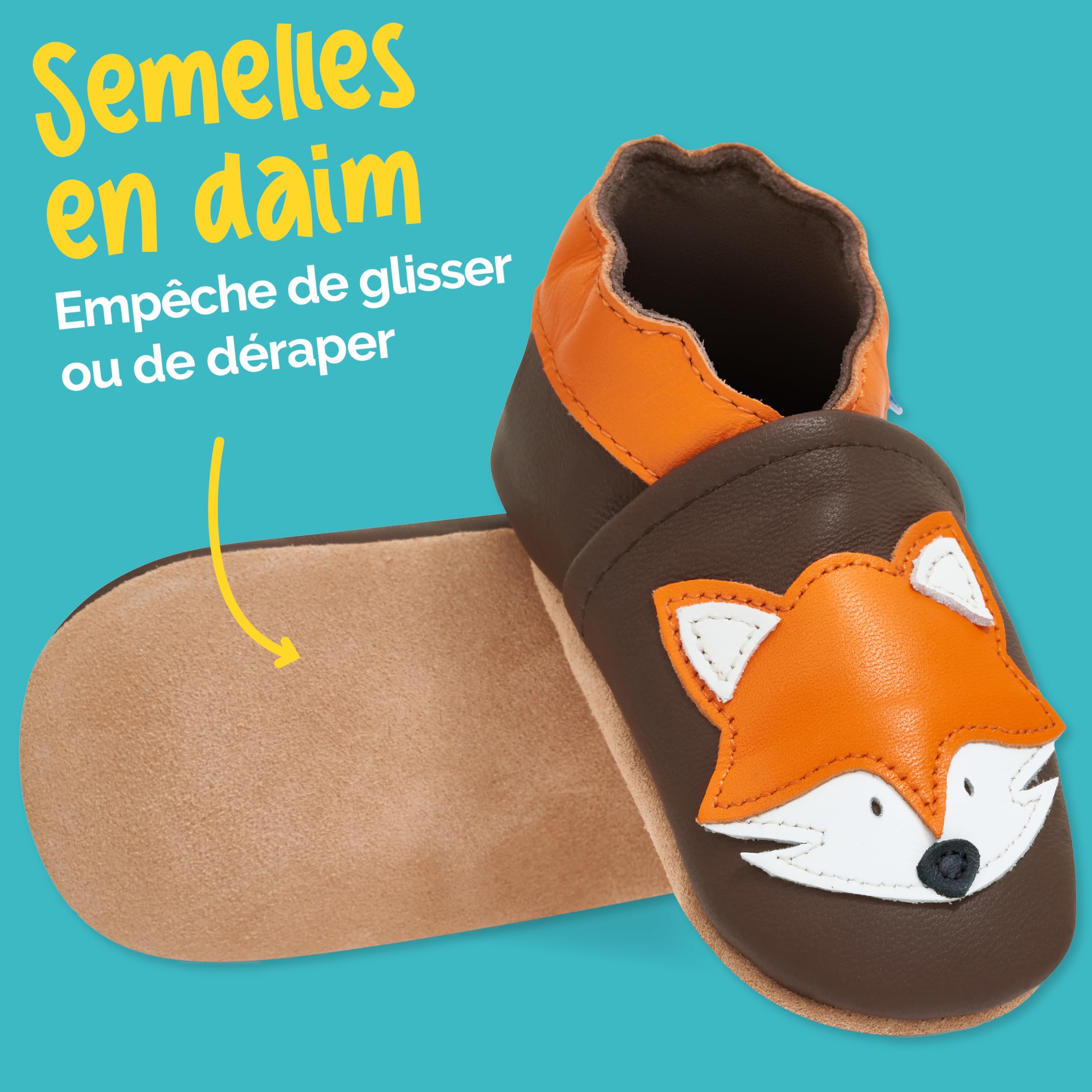 Chaussures pour enfant en cuir souple – Chaussures pour bébé en cuir avec semelle en daim – Chaussures pour premiers pas, pour fille ou garçon, Renard, 18-24 mesi