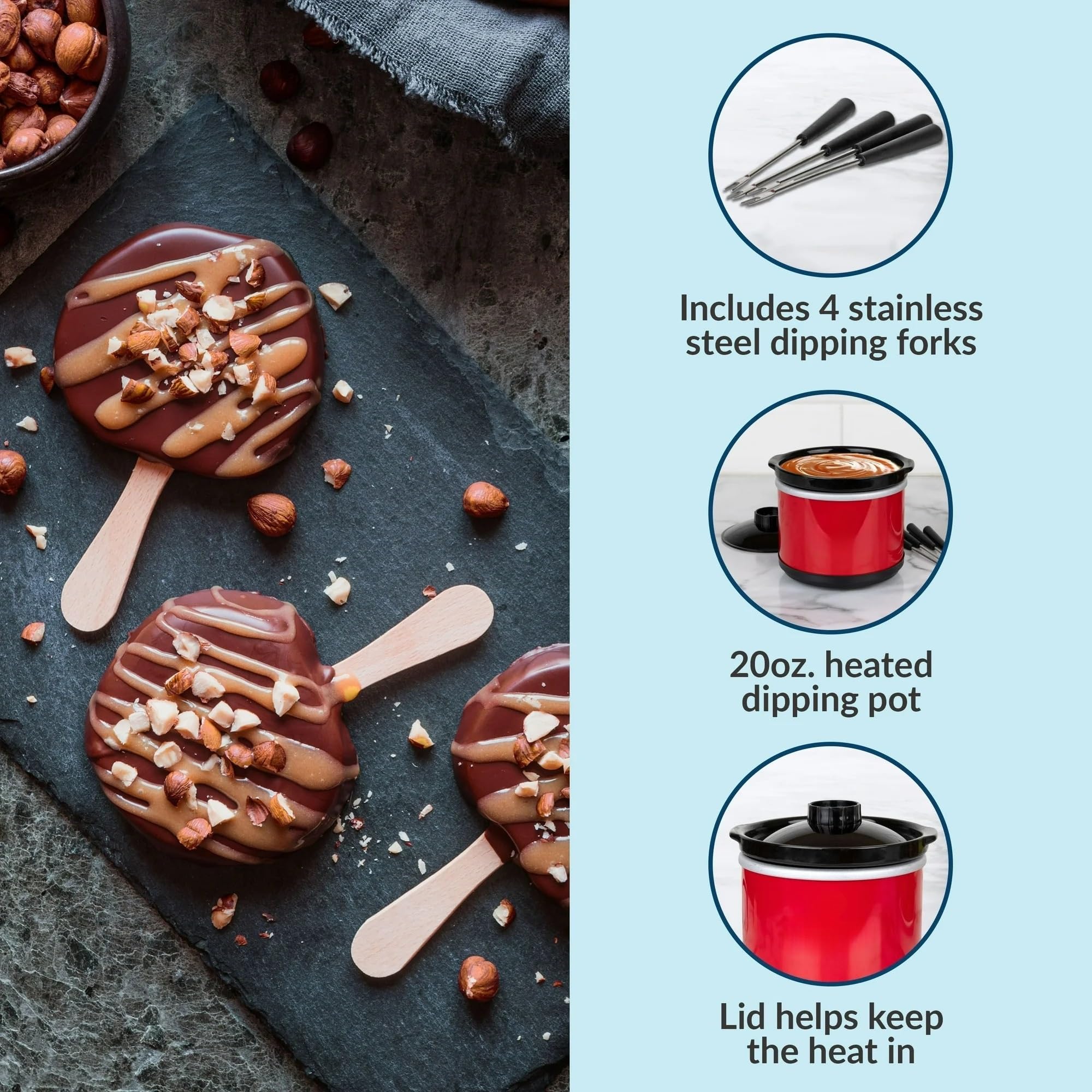 20 oz Chocolate Fondue Dipping Pot, 40-Watts, Nonstick Ceramic, Red — view 3