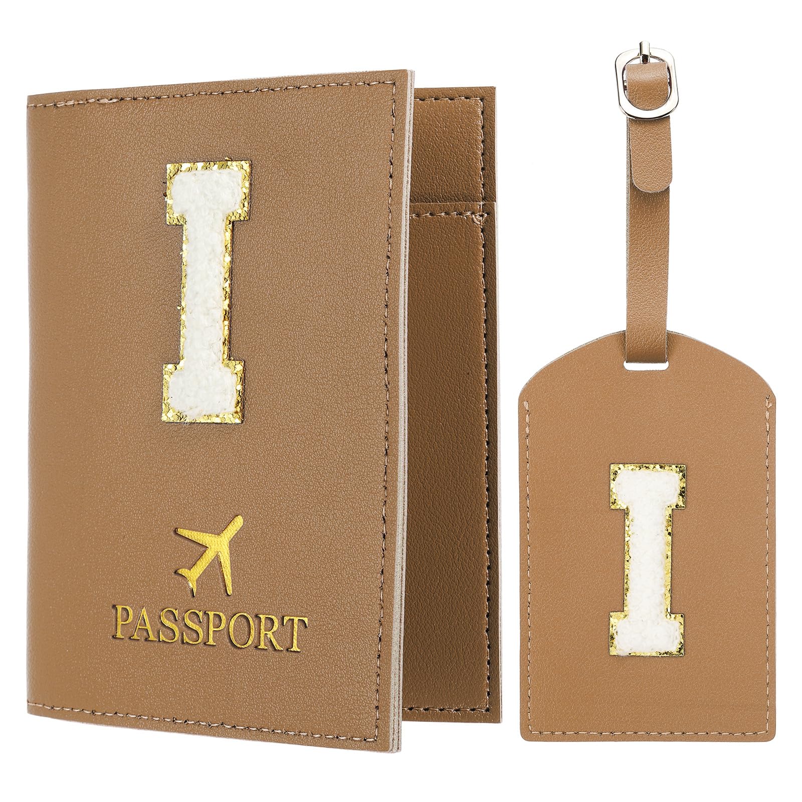 Passport Holder for Travel, Initial Passport Cover and Luggage Tag Set with Alphabet Chenille Letter Patch Travel Wallet Bag Suitcase Identifier for Women Family Travel Brown I, Brown, Modern-image-42