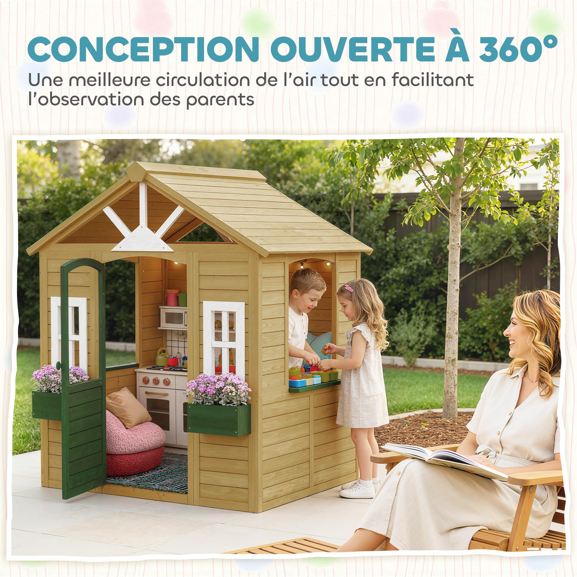 AIYAPLAY Cabaña infantil exterior de madera, casa infantil exterior con puerta, ventanas, 2 bandejas de flores, casita de juego para 3-8 años, juego imaginativo, 134,5 x 97 x 150 cm, marrón