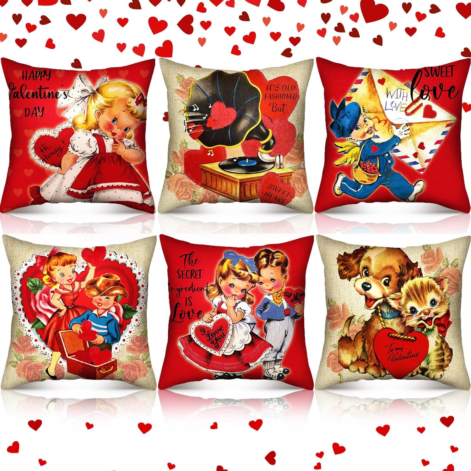 FuWeave Valentine's Day Pillow Covers 18x18 Set of 6 Red Retro Boys and Girls Square Pillowcases Sweet Heart Envelopes Dogs Phonograph Throw Pillows Cases for Feastive Home Decor