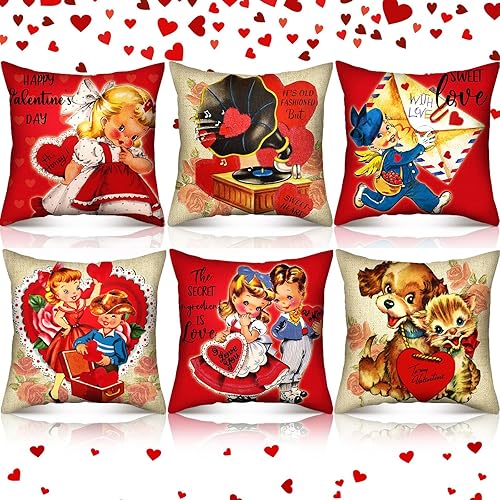 Valentine's Day Pillow Covers 18x18 Set of 6 Red Retro Boys and Girls Square Pillowcases Sweet Heart Envelopes Dogs Phonograph Throw Pillows Cases for Feastive Home Decor