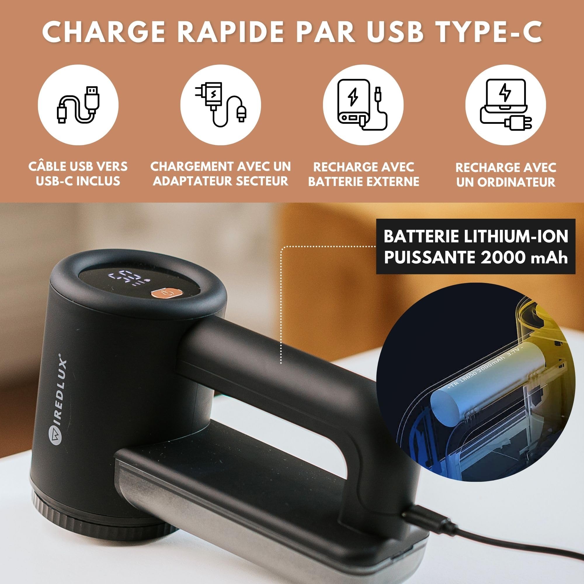 Rasoir Anti Bouloche Électrique WiredLux - Machine Anti Peluche Rechargeable pour Vêtement & Maison - Appareil Coupe Bouloches à 3 Vitesses, Lame à 6 Branches, Dual Protection
